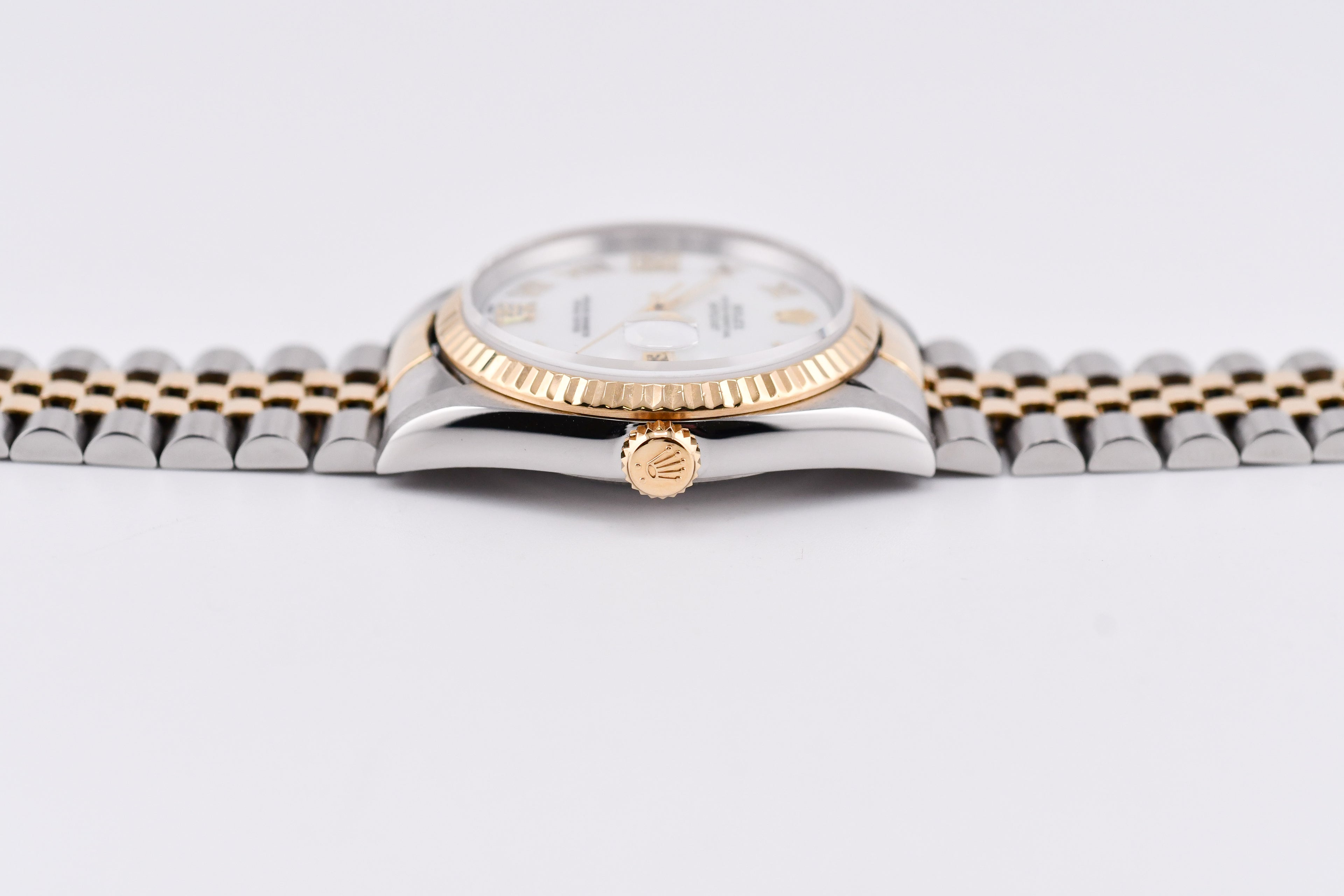 Rolex Datejust 36mm Ref 16233 Yellow Gold Bezel Custom White Mother of Pearl Diamond Dial Roman Diamond 6&9