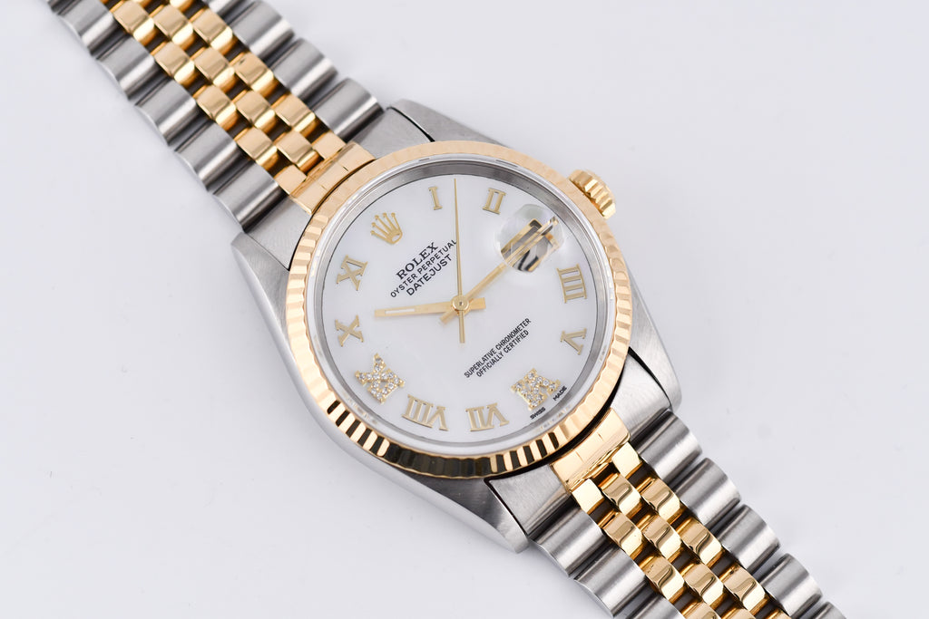 Rolex Datejust 36mm Ref 16233 Yellow Gold Bezel Custom White Mother of Pearl Diamond Dial Roman Diamond 6&9