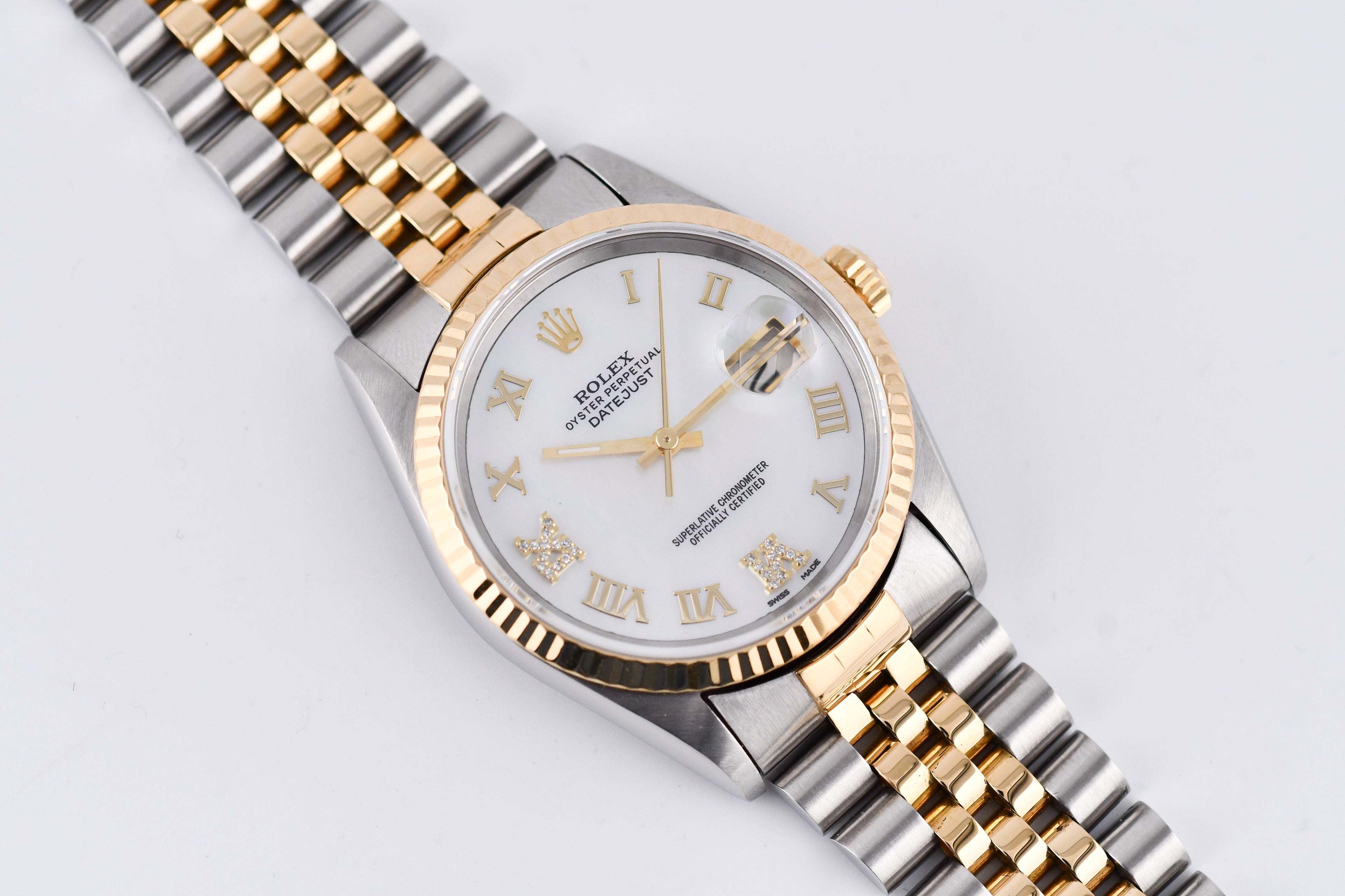 Rolex Datejust 36mm Ref 16233 Yellow Gold Bezel Custom White Mother of Pearl Diamond Dial Roman Diamond 6&9