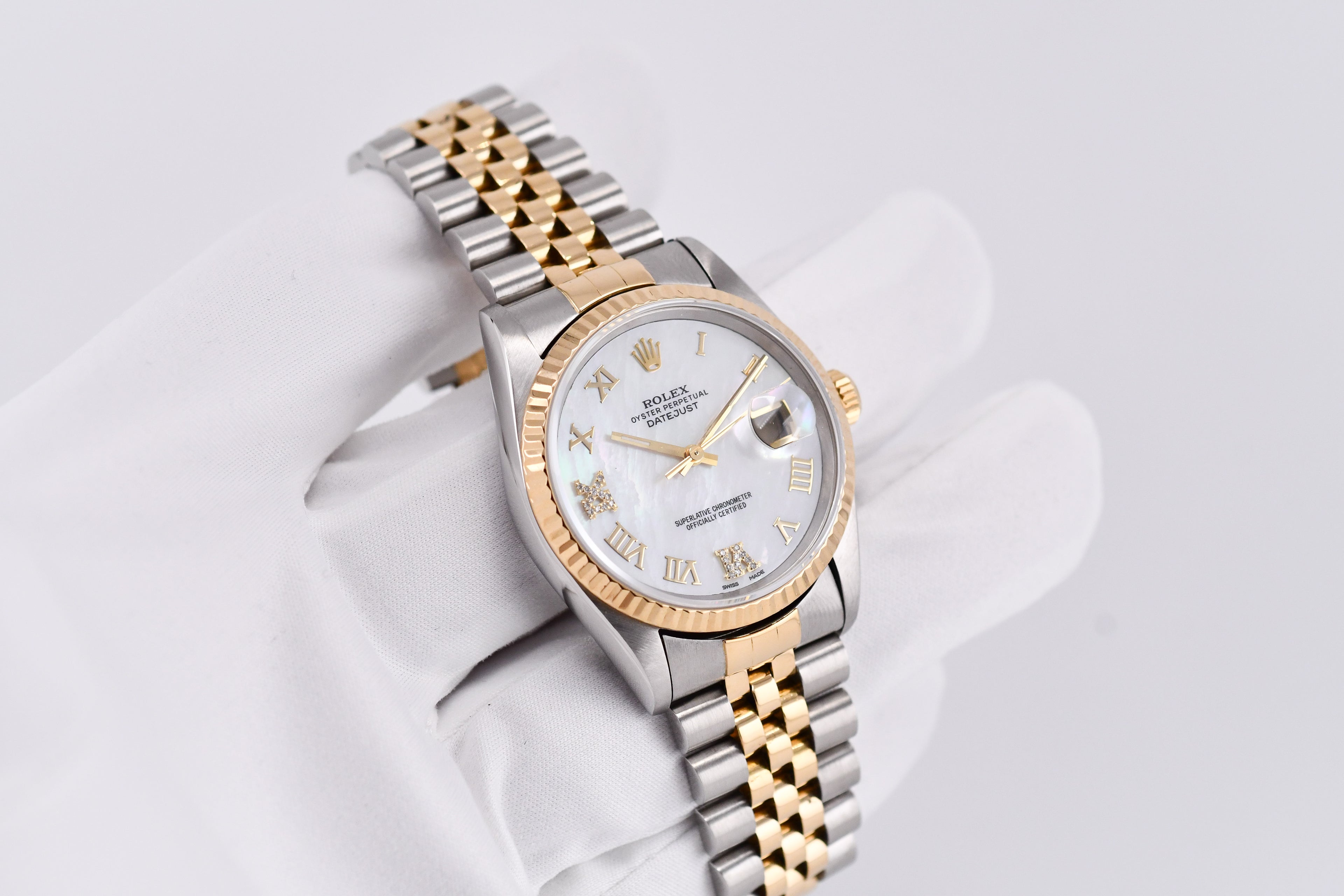 Rolex Datejust 36mm Ref 16233 Yellow Gold Bezel Custom White Mother of Pearl Diamond Dial Roman Diamond 6&9