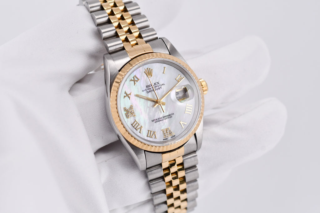 Rolex Datejust 36mm Ref 16233 Yellow Gold Bezel Custom White Mother of Pearl Diamond Dial Roman Diamond 6&9