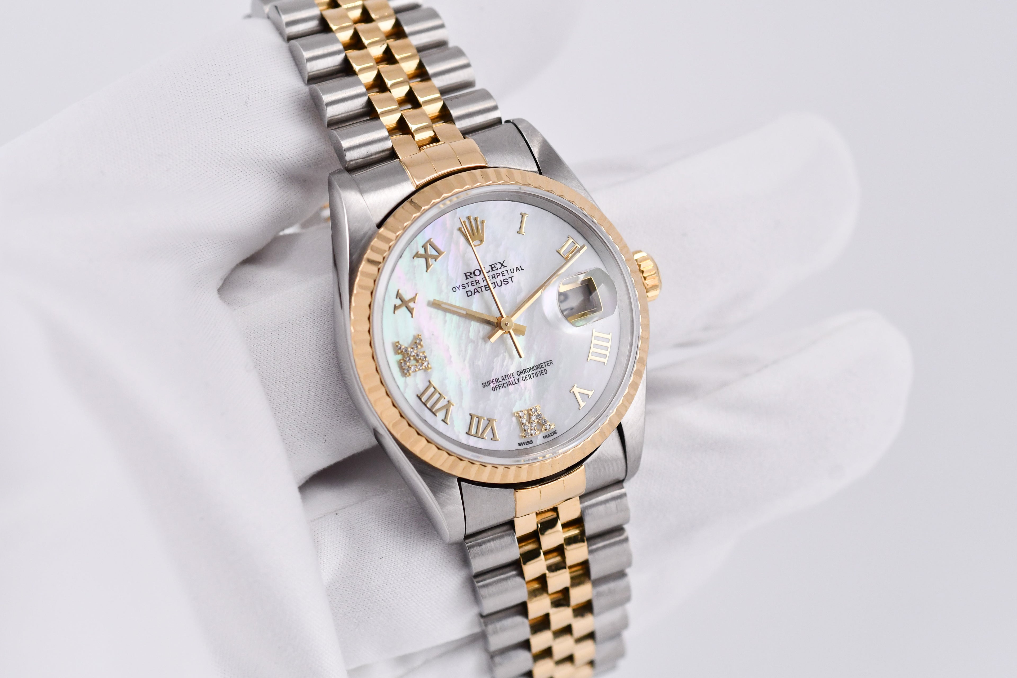 Rolex Datejust 36mm Ref 16233 Yellow Gold Bezel Custom White Mother of Pearl Diamond Dial Roman Diamond 6&9