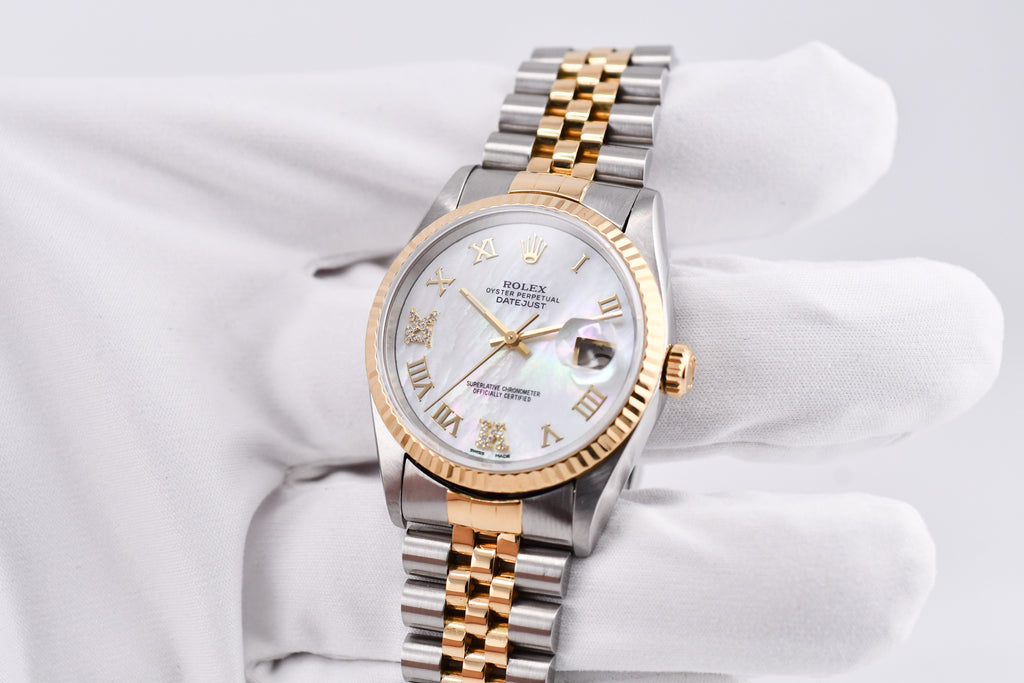Rolex Datejust 36mm Ref 16233 Yellow Gold Bezel Custom White Mother of Pearl Diamond Dial Roman Diamond 6&9