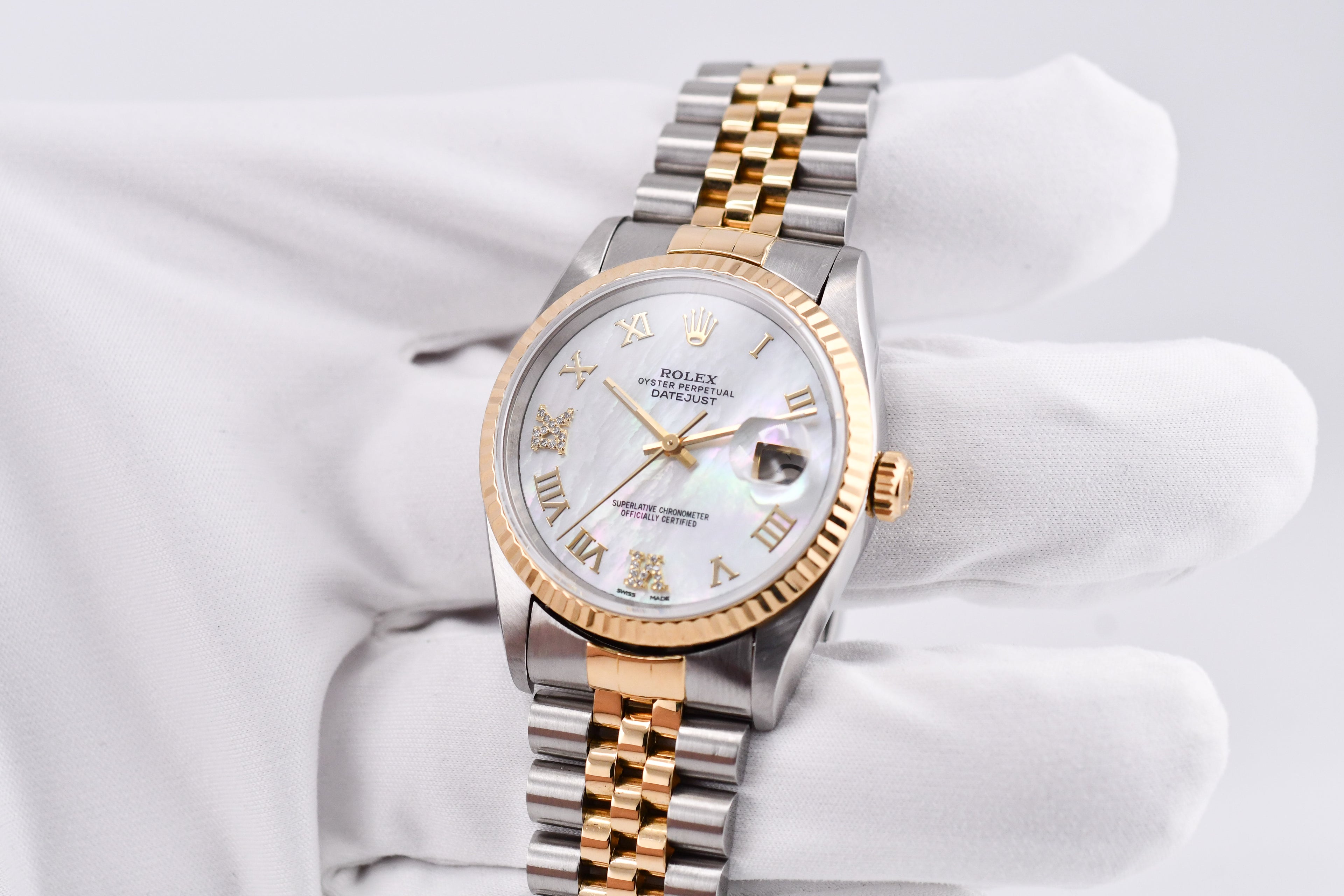 Rolex Datejust 36mm Ref 16233 Yellow Gold Bezel Custom White Mother of Pearl Diamond Dial Roman Diamond 6&9