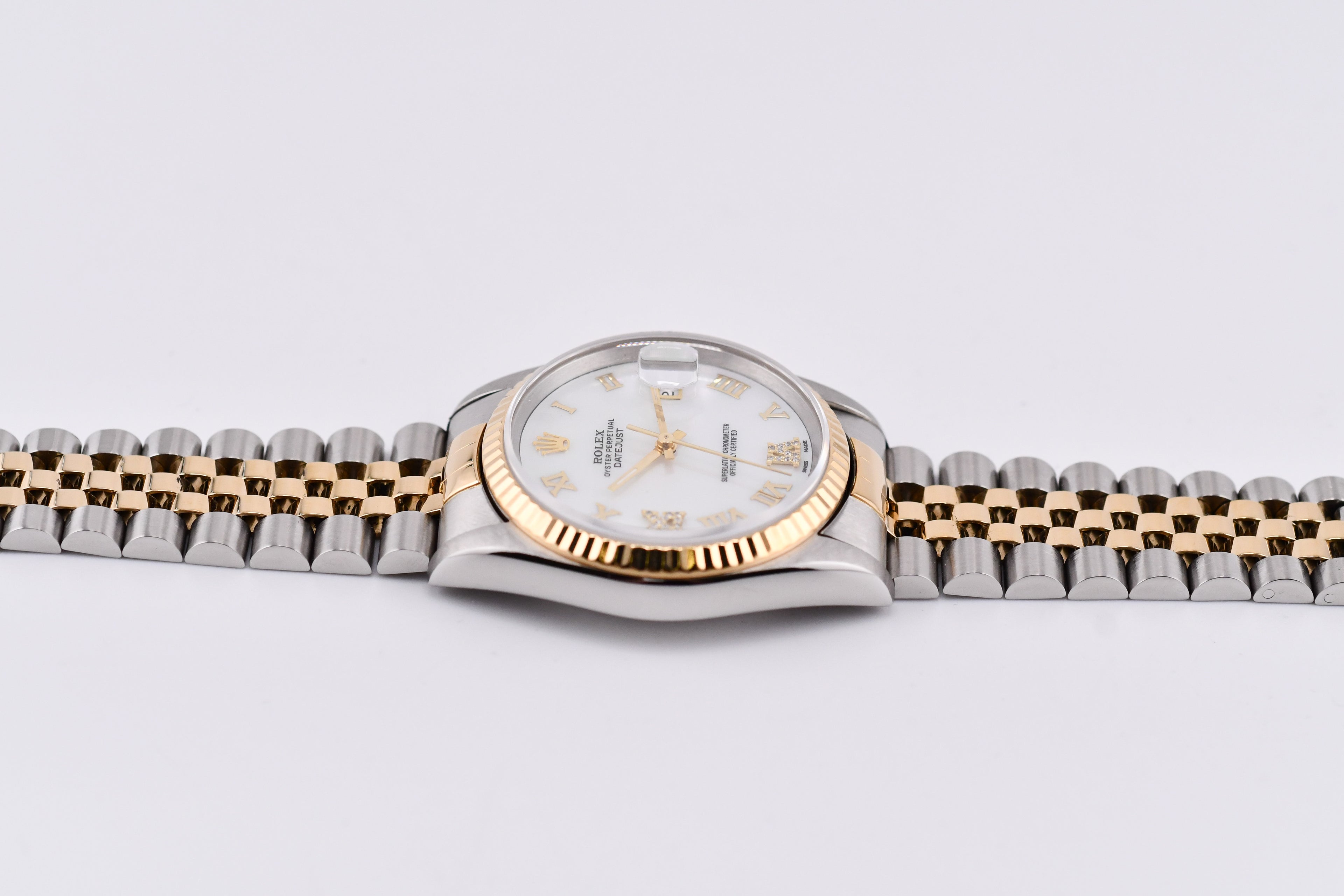 Rolex Datejust 36mm Ref 16233 Yellow Gold Bezel Custom White Mother of Pearl Diamond Dial Roman Diamond 6&9