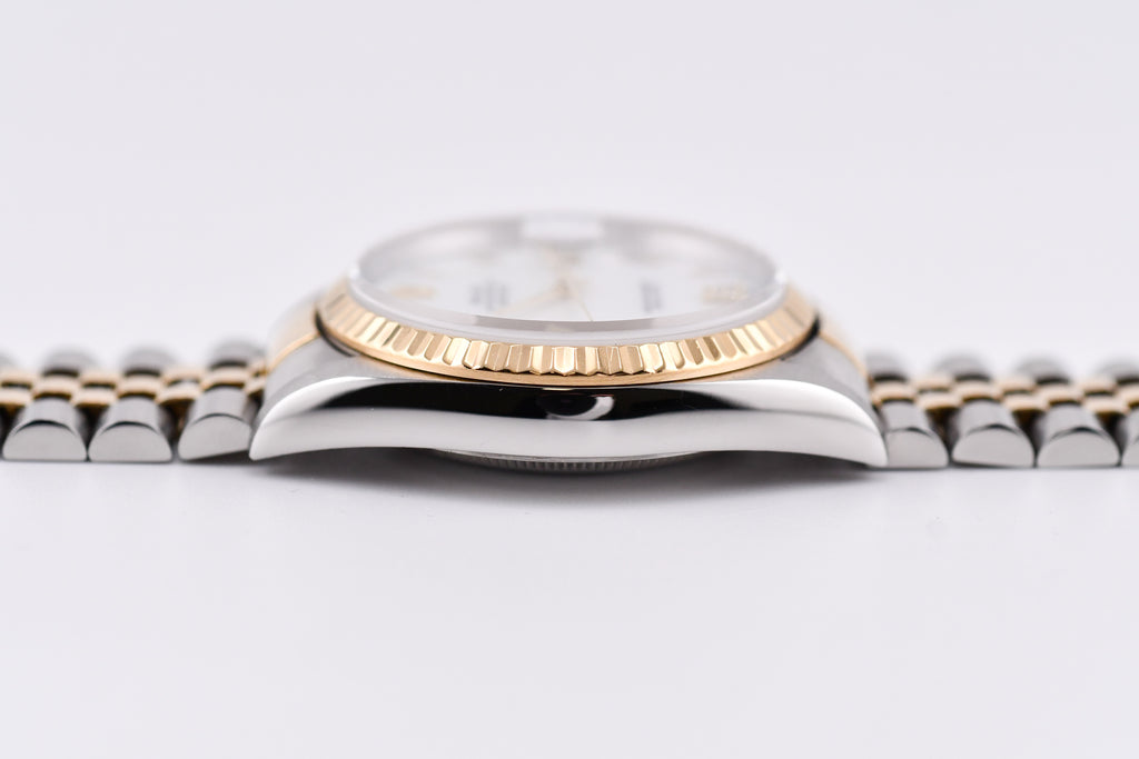 Rolex Datejust 36mm Ref 16233 Yellow Gold Bezel Custom White Mother of Pearl Diamond Dial Roman Diamond 6&9