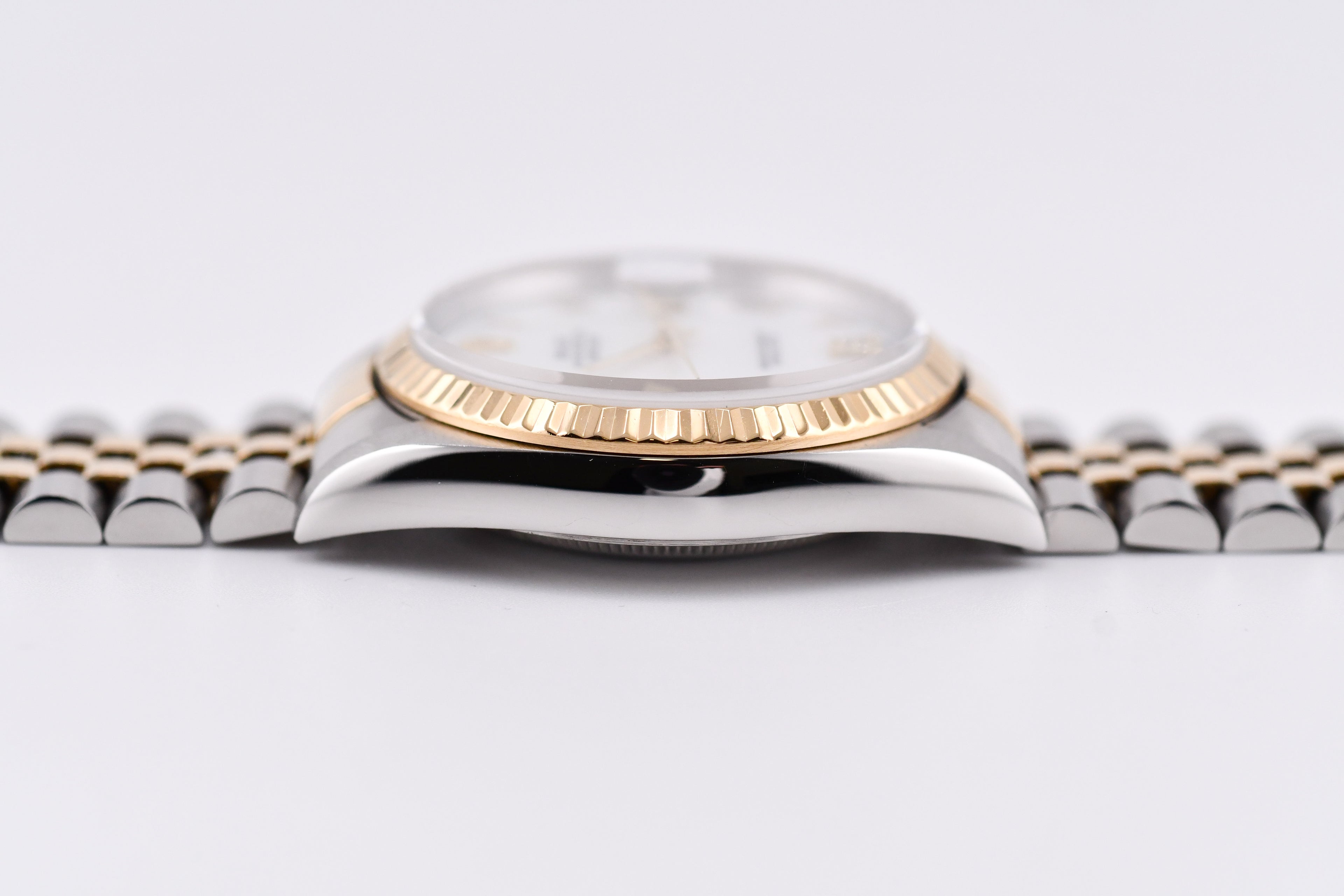 Rolex Datejust 36mm Ref 16233 Yellow Gold Bezel Custom White Mother of Pearl Diamond Dial Roman Diamond 6&9