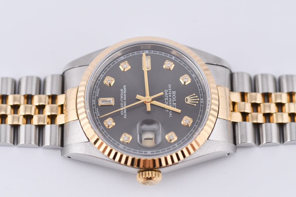 Rolex Datejust 36mm Ref 16233 Yellow Gold Bezel Grey Baguette Dial