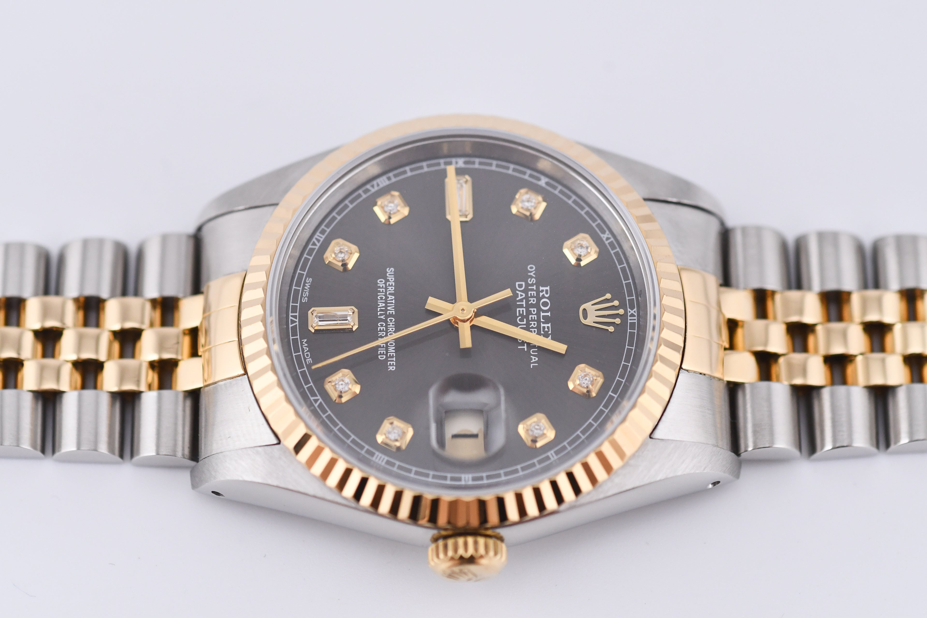 Rolex Datejust 36mm Ref 16233 Yellow Gold Bezel Grey Baguette Dial