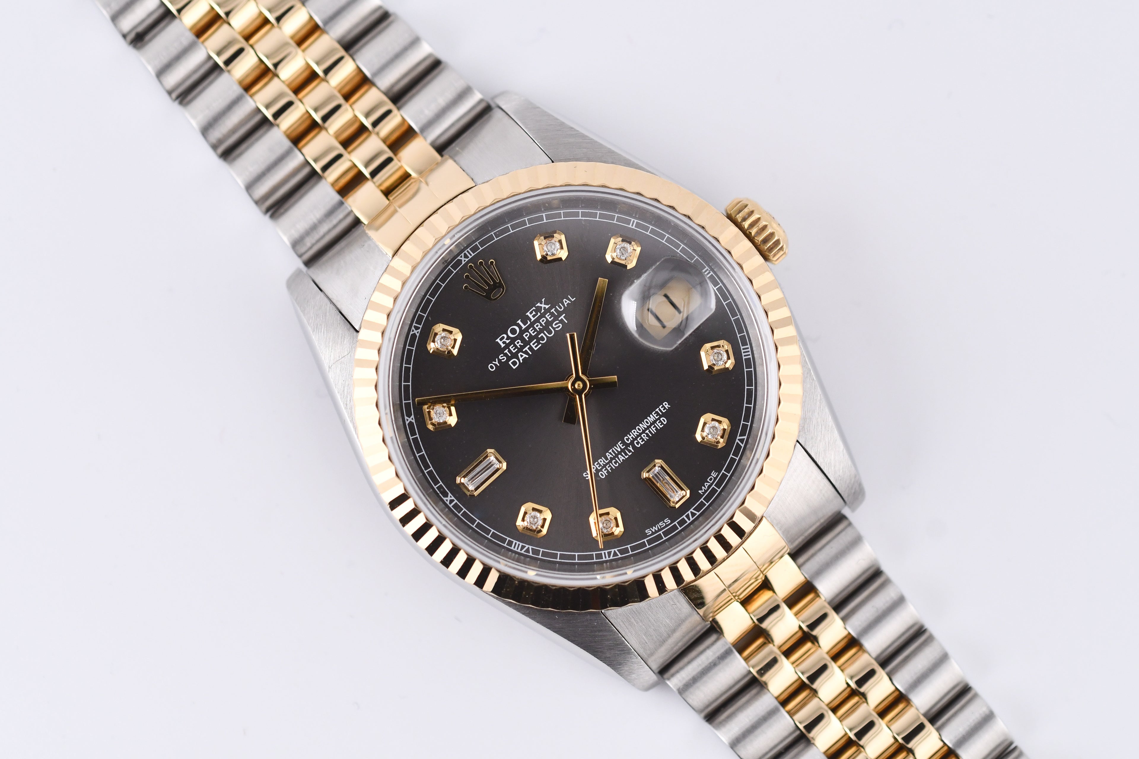 Rolex Datejust 36mm Ref 16233 Yellow Gold Bezel Grey Baguette Dial
