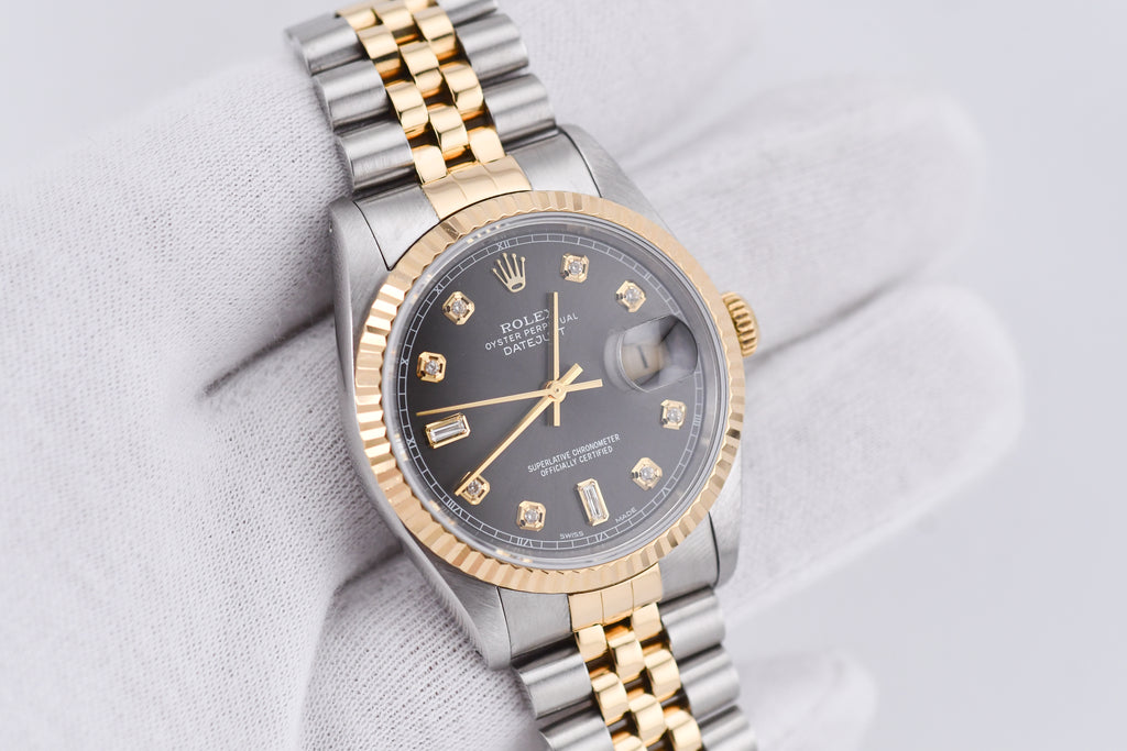 Rolex Datejust 36mm Ref 16233 Yellow Gold Bezel Grey Baguette Dial
