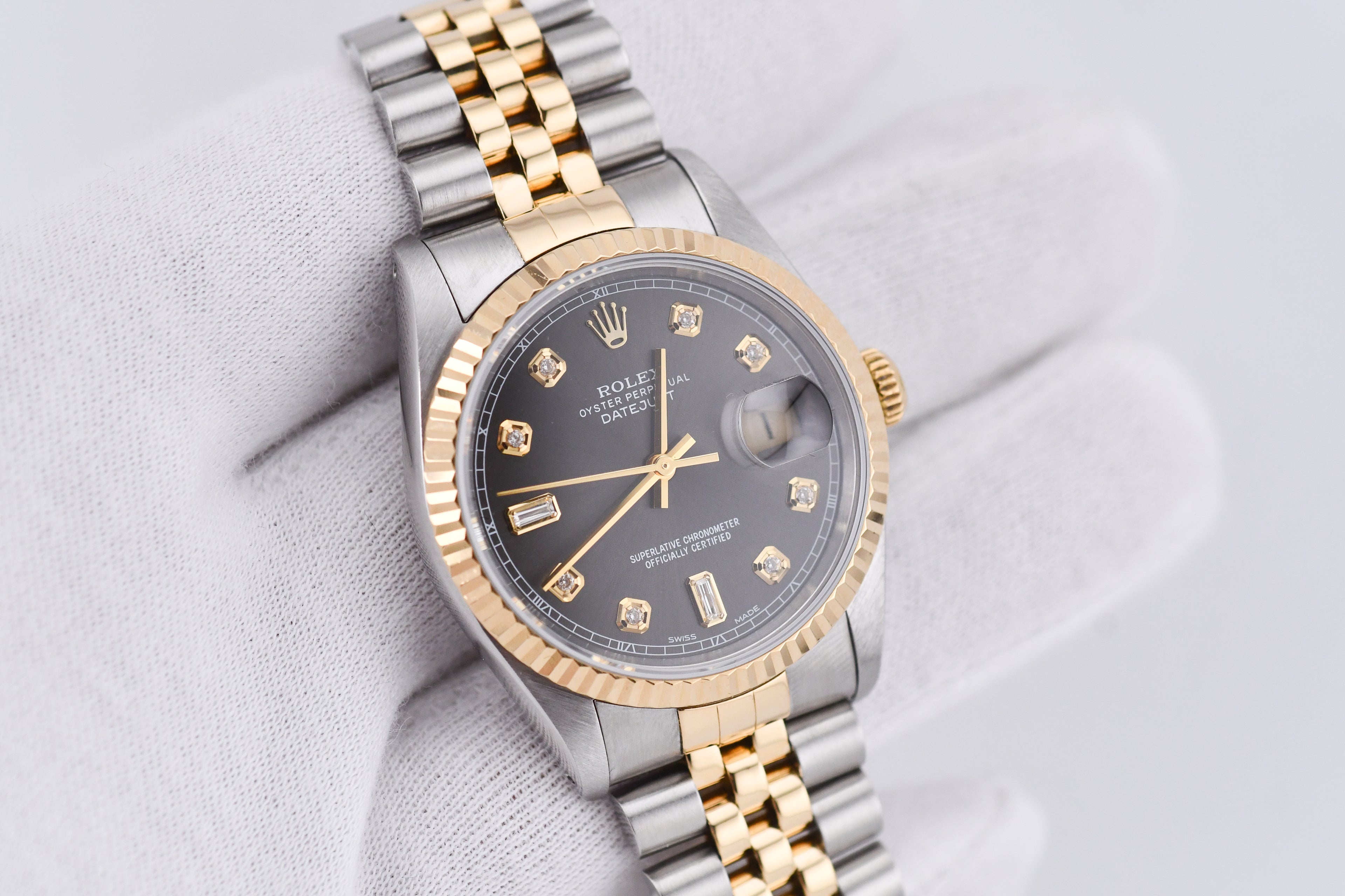 Rolex Datejust 36mm Ref 16233 Yellow Gold Bezel Grey Baguette Dial