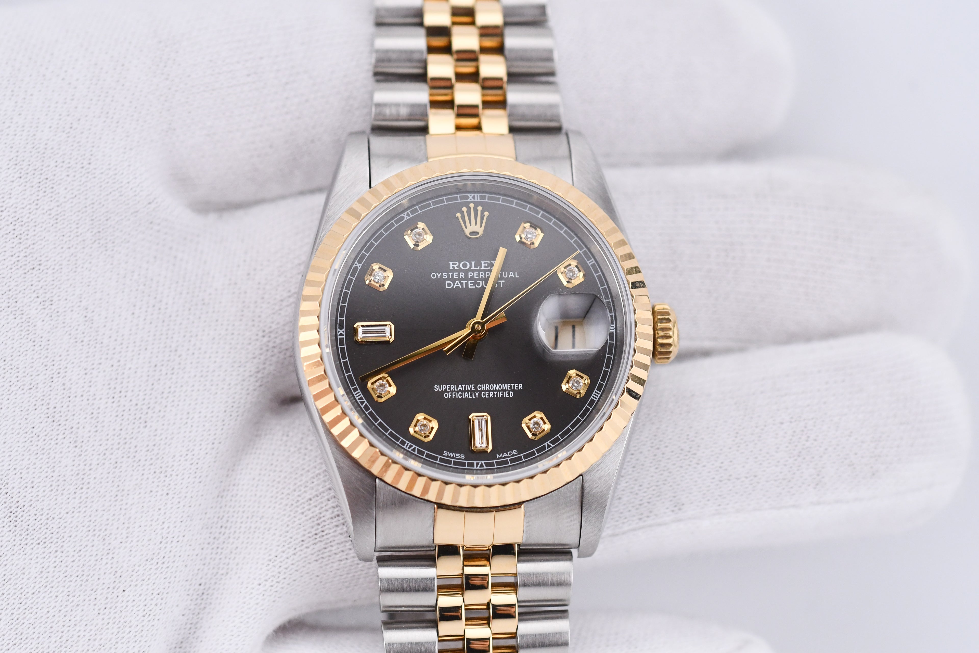 Rolex Datejust 36mm Ref 16233 Yellow Gold Bezel Grey Baguette Dial