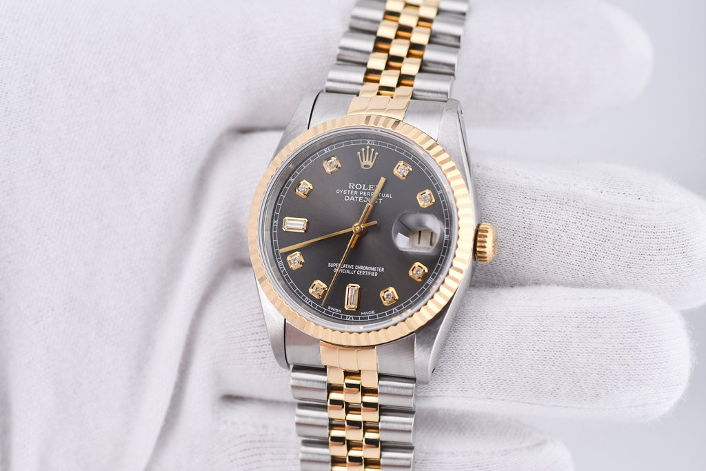 Rolex Datejust 36mm Ref 16233 Yellow Gold Bezel Grey Baguette Dial
