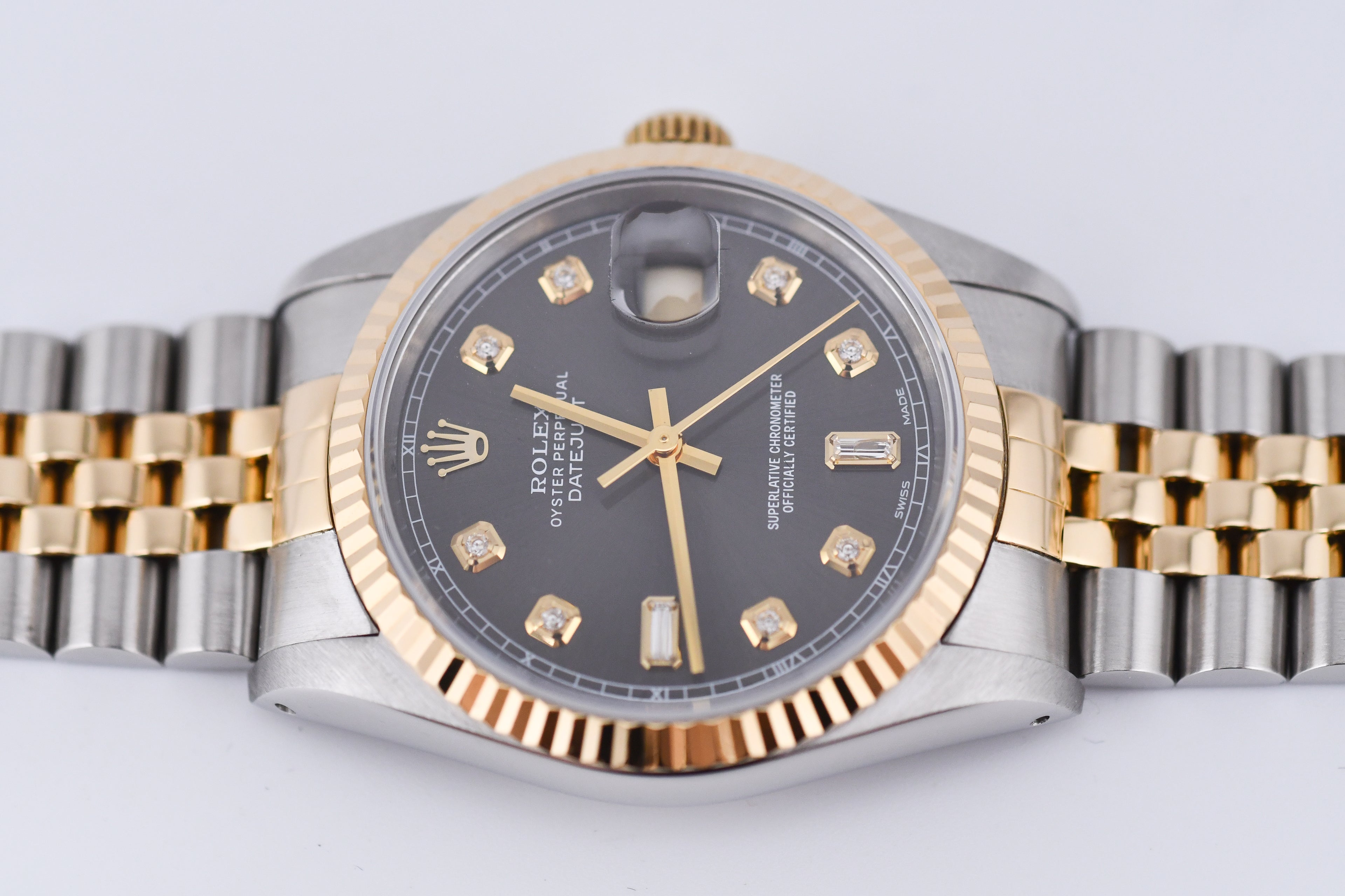 Rolex Datejust 36mm Ref 16233 Yellow Gold Bezel Grey Baguette Dial