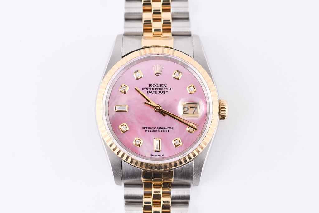 Rolex Datejust 36mm Ref 16233 Yellow Gold Bezel Pink Baguette Mother of Pearl Dial