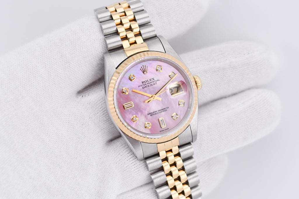Rolex Datejust 36mm Ref 16233 Yellow Gold Bezel Pink Baguette Mother of Pearl Dial