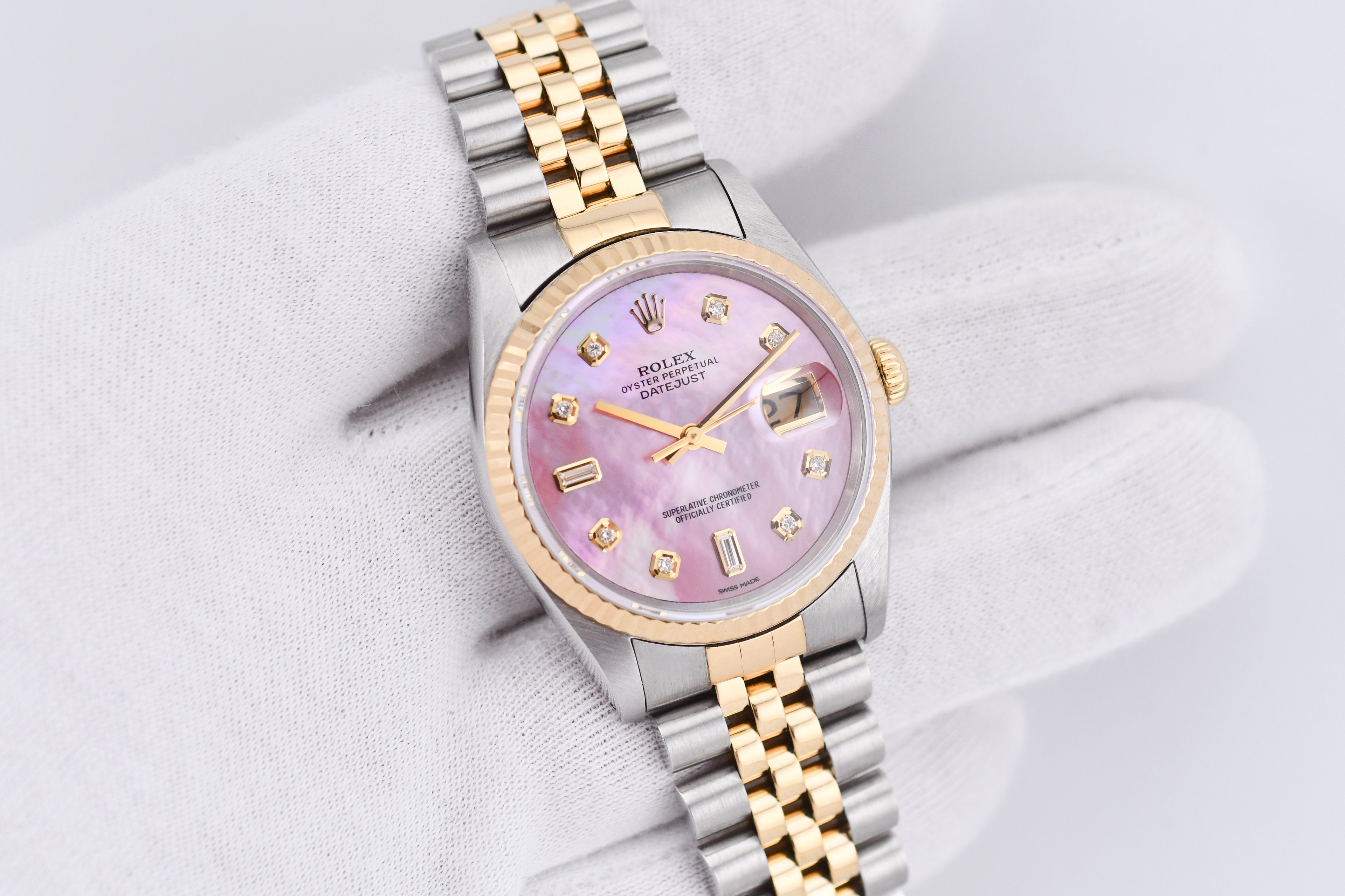 Rolex Datejust 36mm Ref 16233 Yellow Gold Bezel Pink Baguette Mother of Pearl Dial