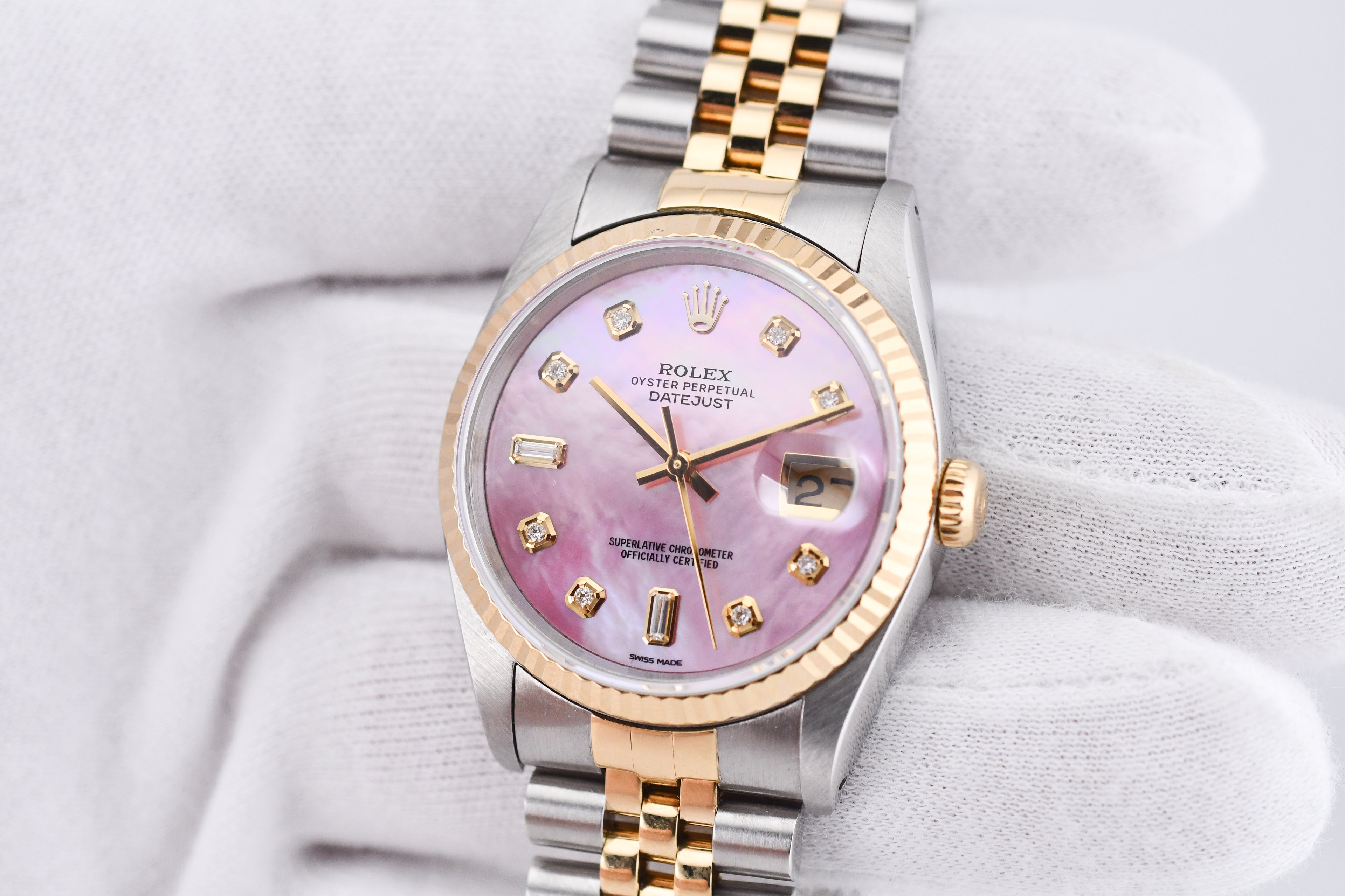 Rolex Datejust 36mm Ref 16233 Yellow Gold Bezel Pink Baguette Mother of Pearl Dial
