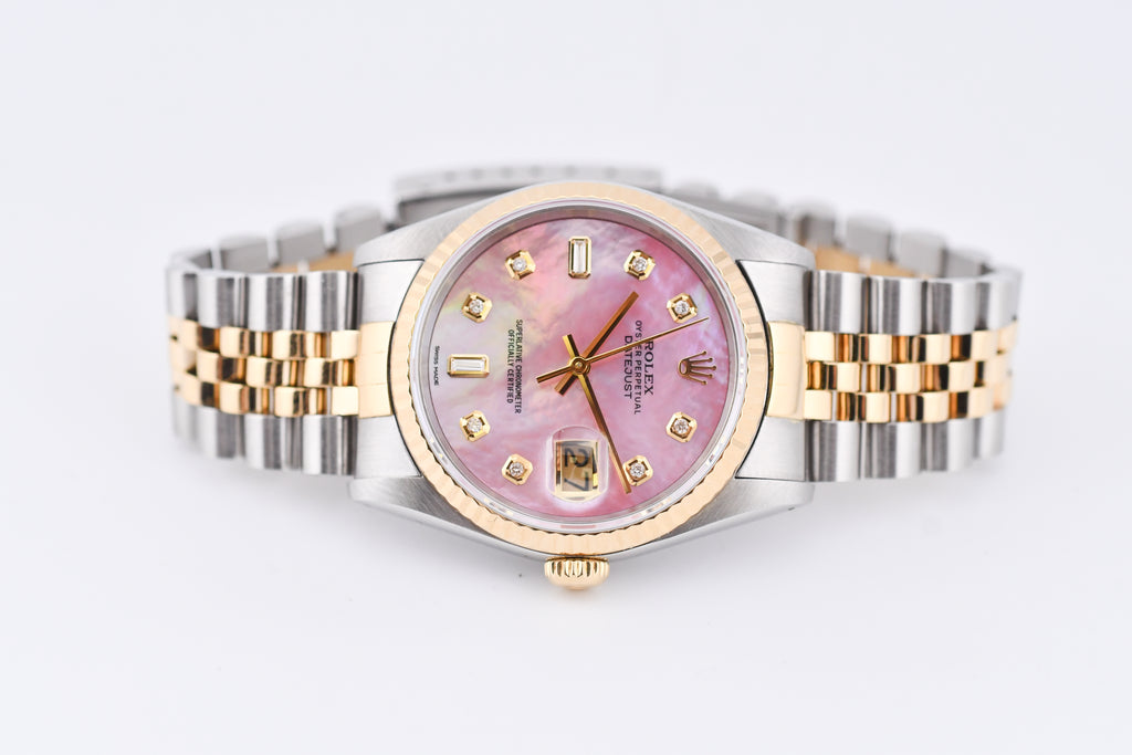 Rolex Datejust 36mm Ref 16233 Yellow Gold Bezel Pink Baguette Mother of Pearl Dial