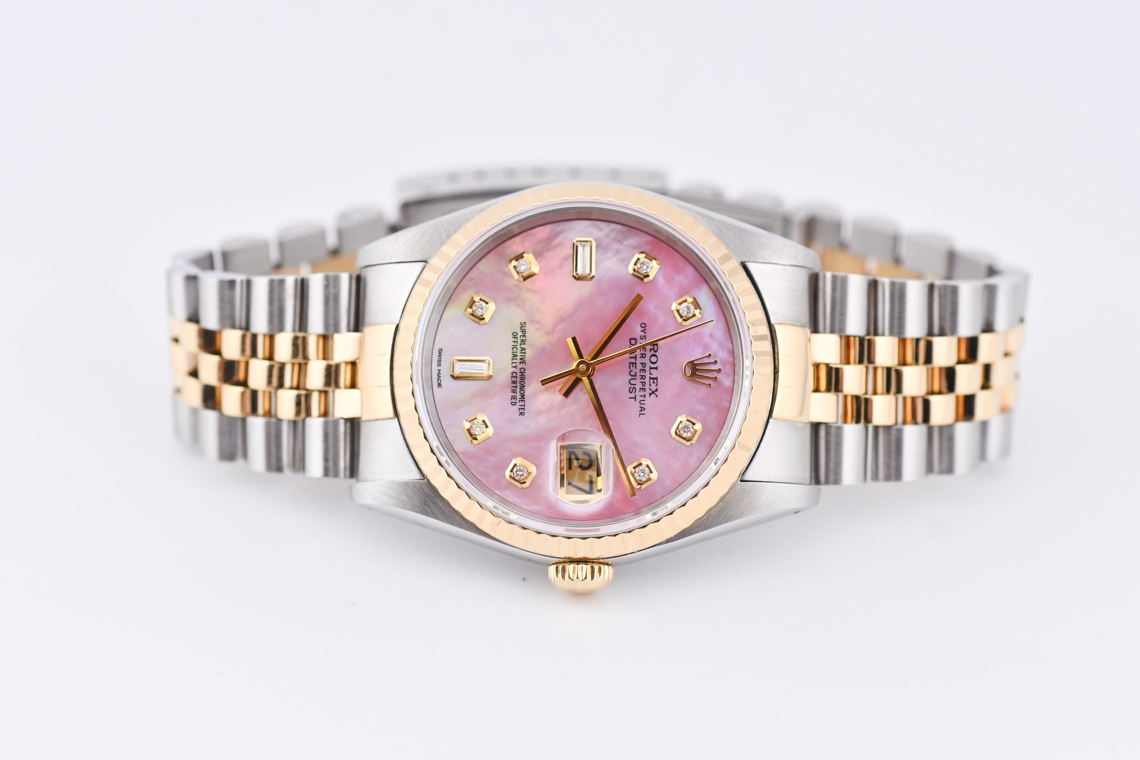 Rolex Datejust 36mm Ref 16233 Yellow Gold Bezel Pink Baguette Mother of Pearl Dial