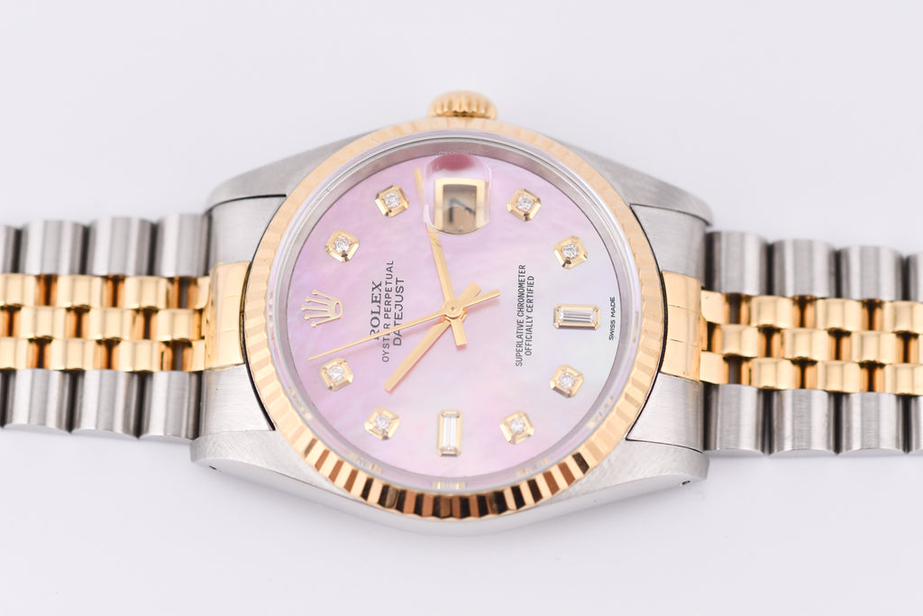 Rolex Datejust 36mm Ref 16233 Yellow Gold Bezel Pink Baguette Mother of Pearl Dial