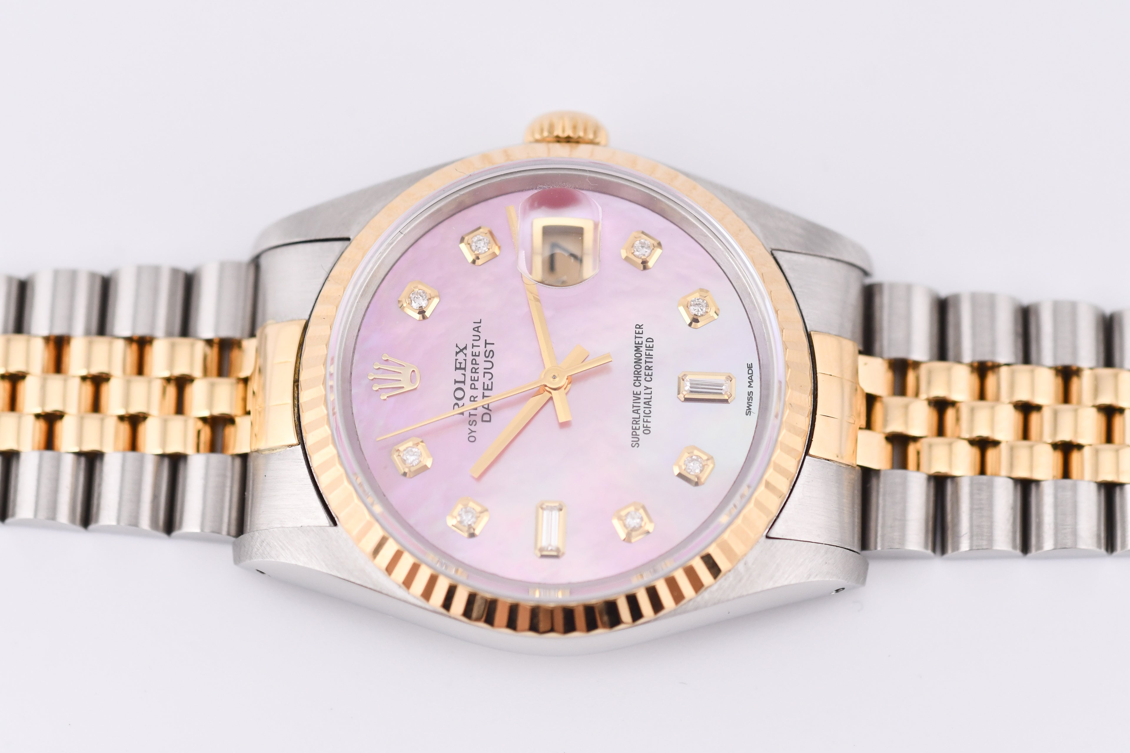 Rolex Datejust 36mm Ref 16233 Yellow Gold Bezel Pink Baguette Mother of Pearl Dial
