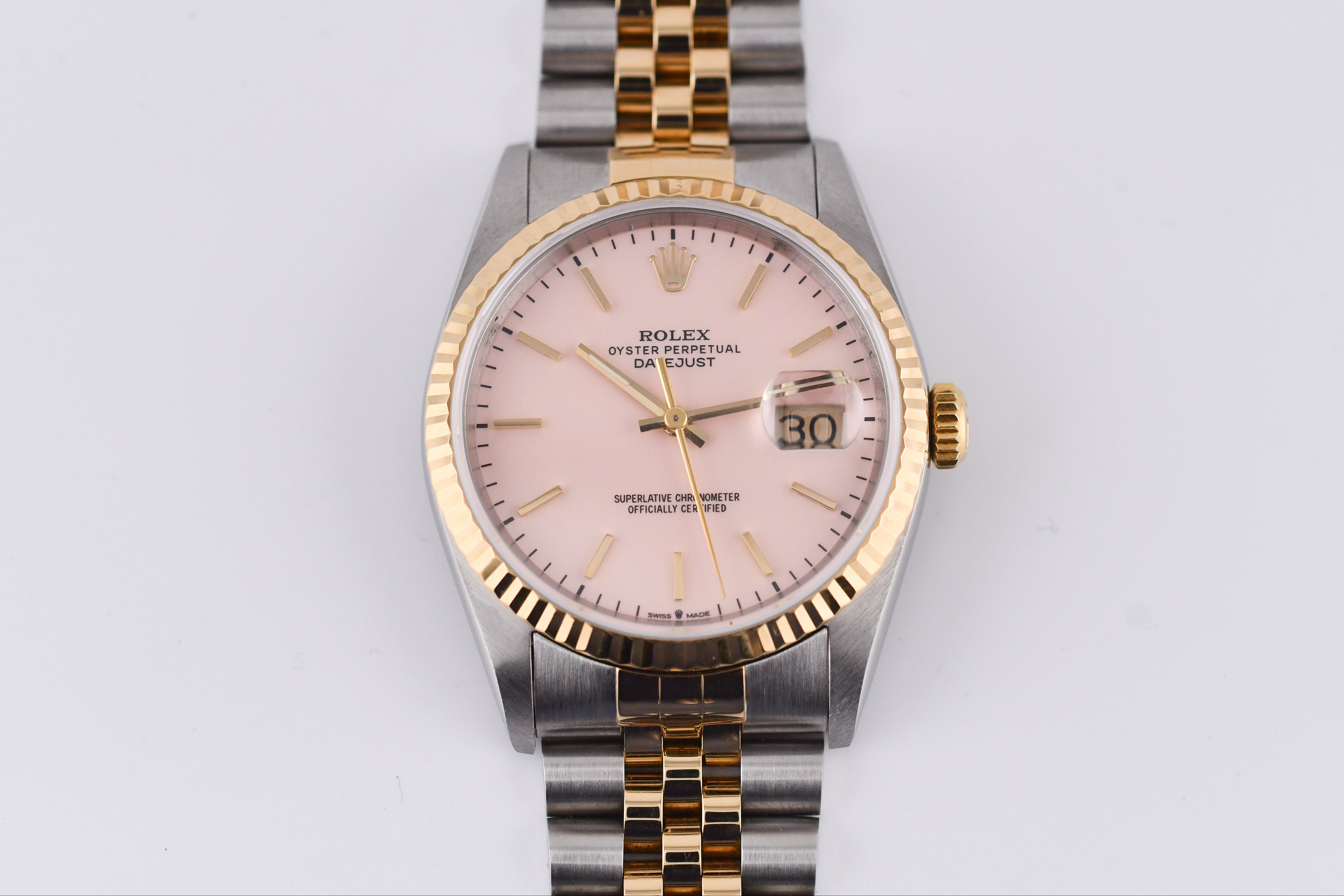 Rolex Datejust 36mm Ref 16233 Yellow Gold Bezel Pink Thin Stick