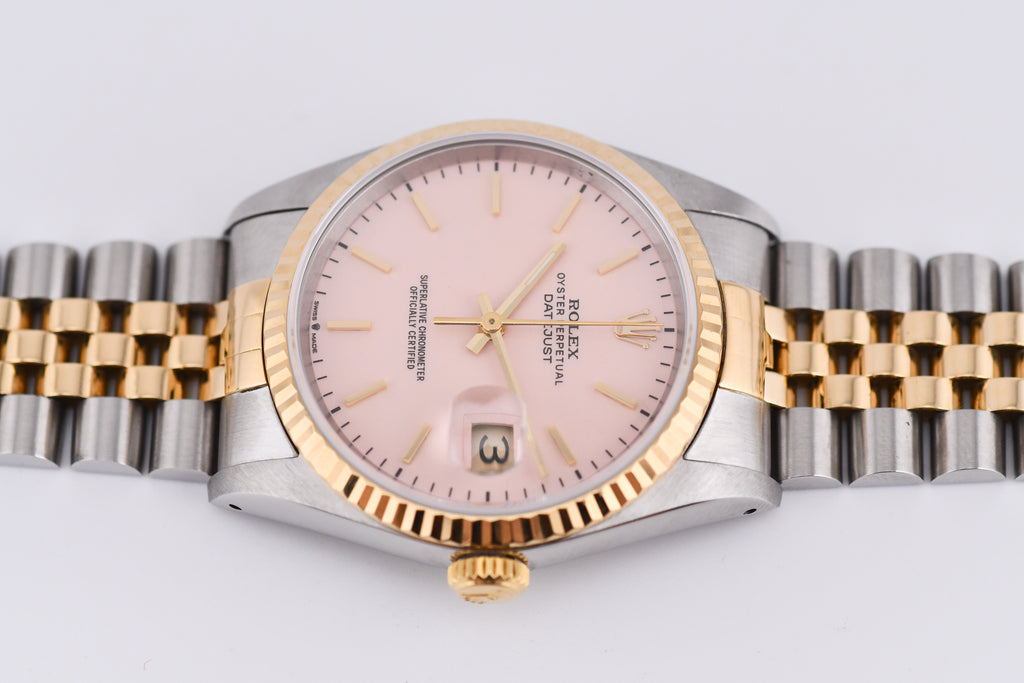 Rolex Datejust 36mm Ref 16233 Yellow Gold Bezel Pink Thin Stick Dial