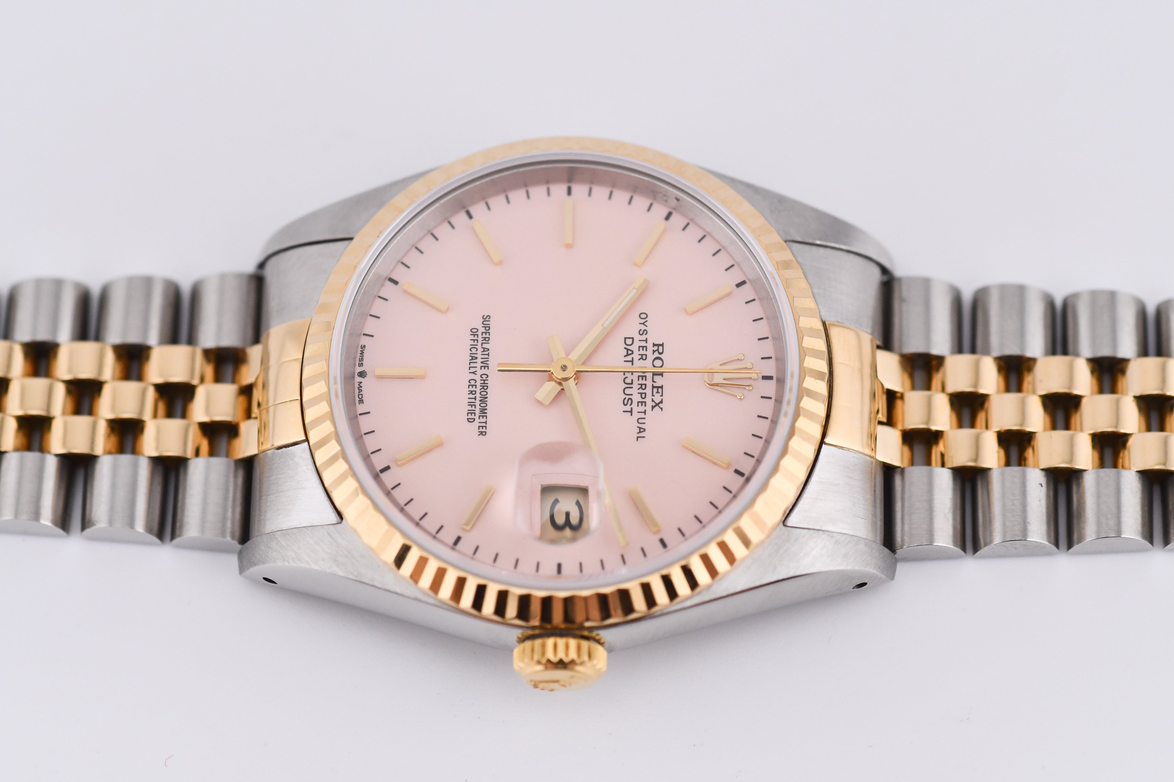 Rolex Datejust 36mm Ref 16233 Yellow Gold Bezel Pink Thin Stick Dial
