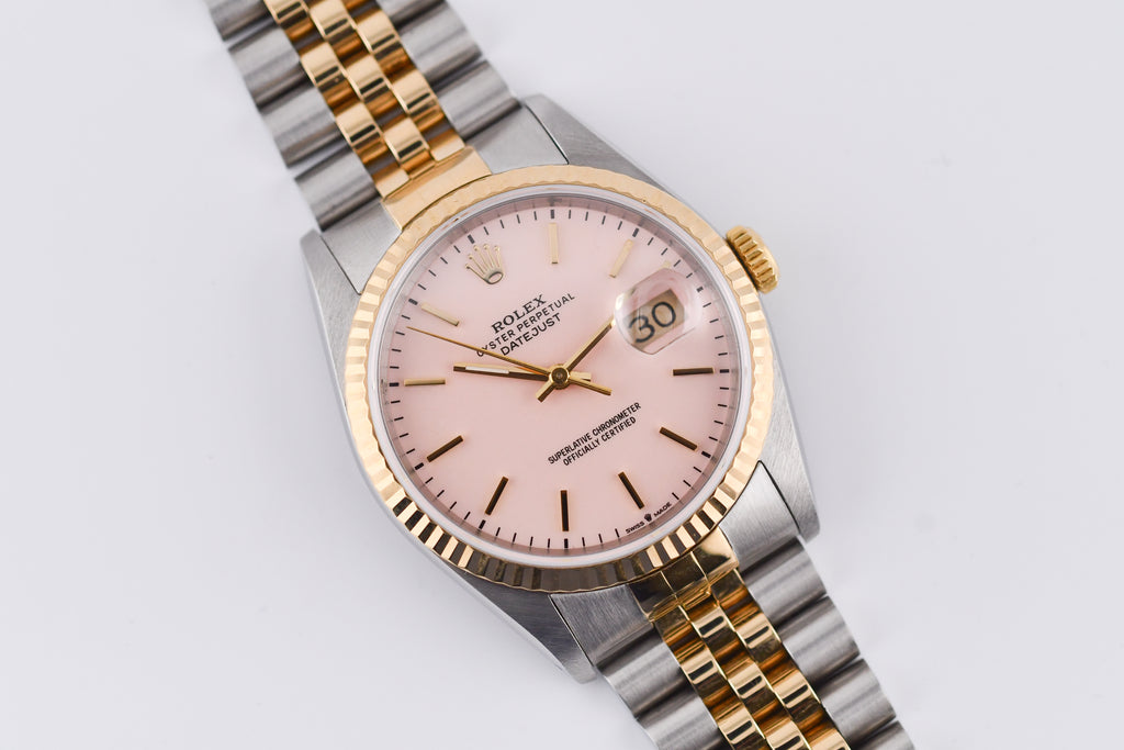 Rolex Datejust 36mm Ref 16233 Yellow Gold Bezel Pink Thin Stick Dial