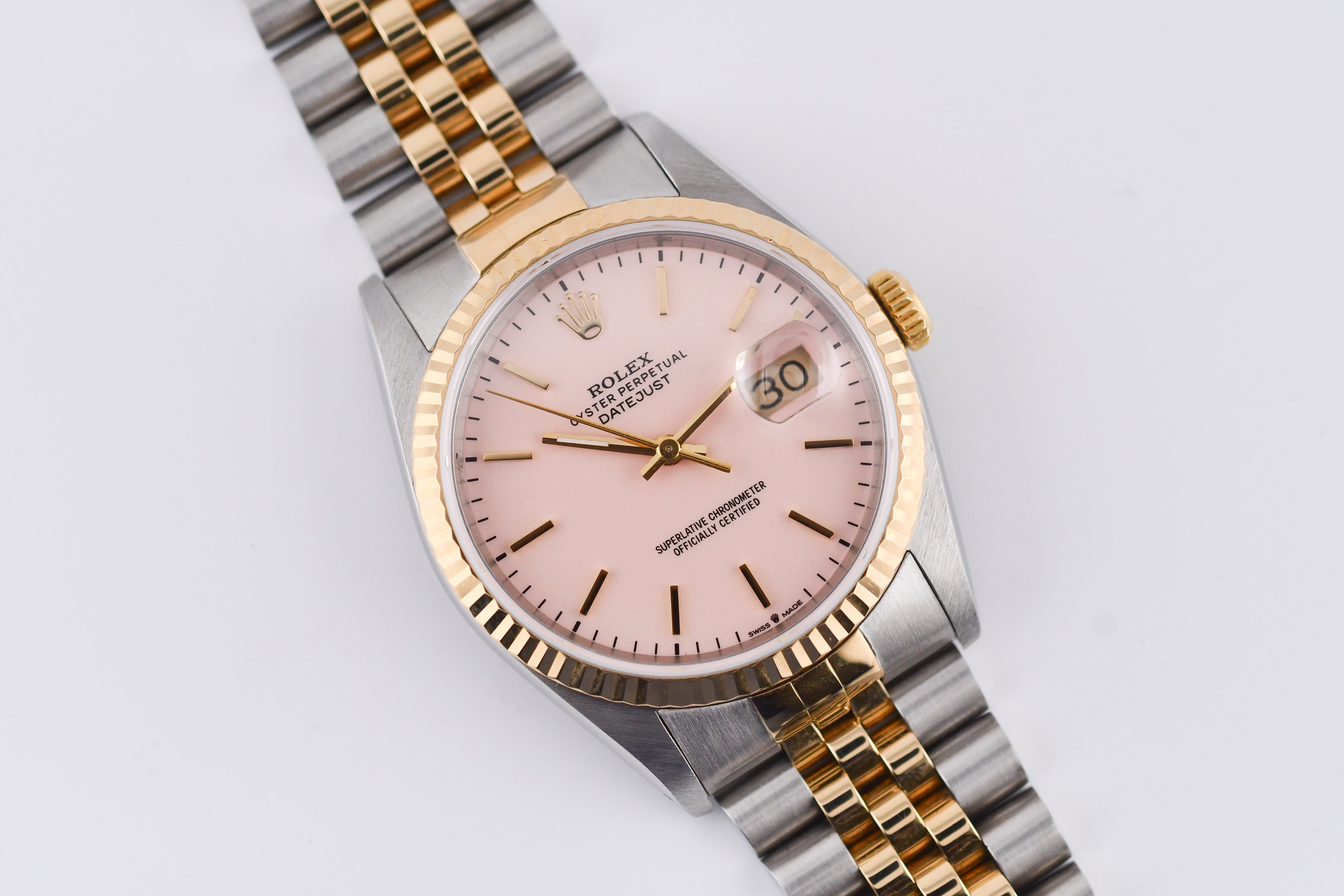 Rolex Datejust 36mm Ref 16233 Yellow Gold Bezel Pink Thin Stick Dial