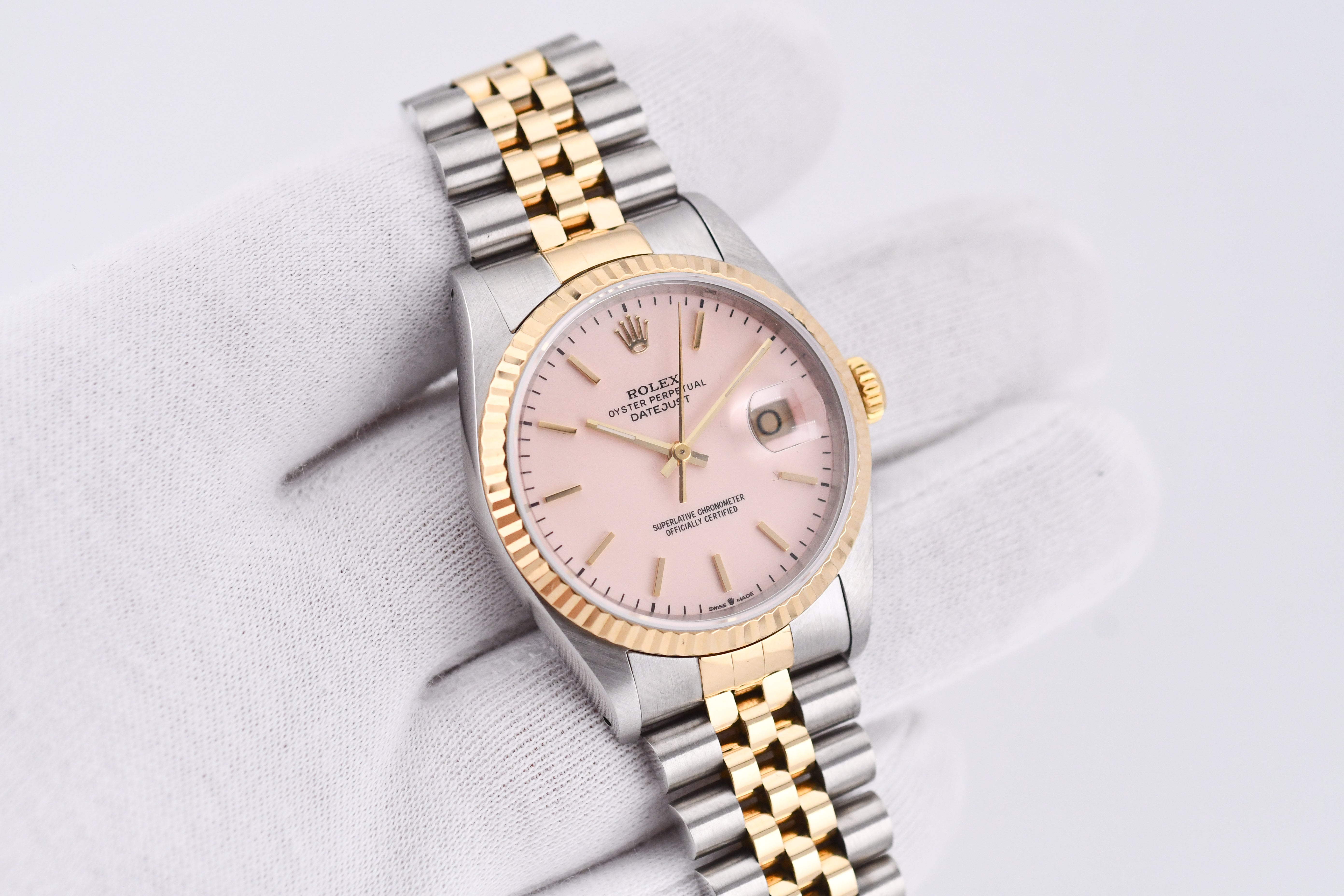 Rolex Datejust 36mm Ref 16233 Yellow Gold Bezel Pink Thin Stick