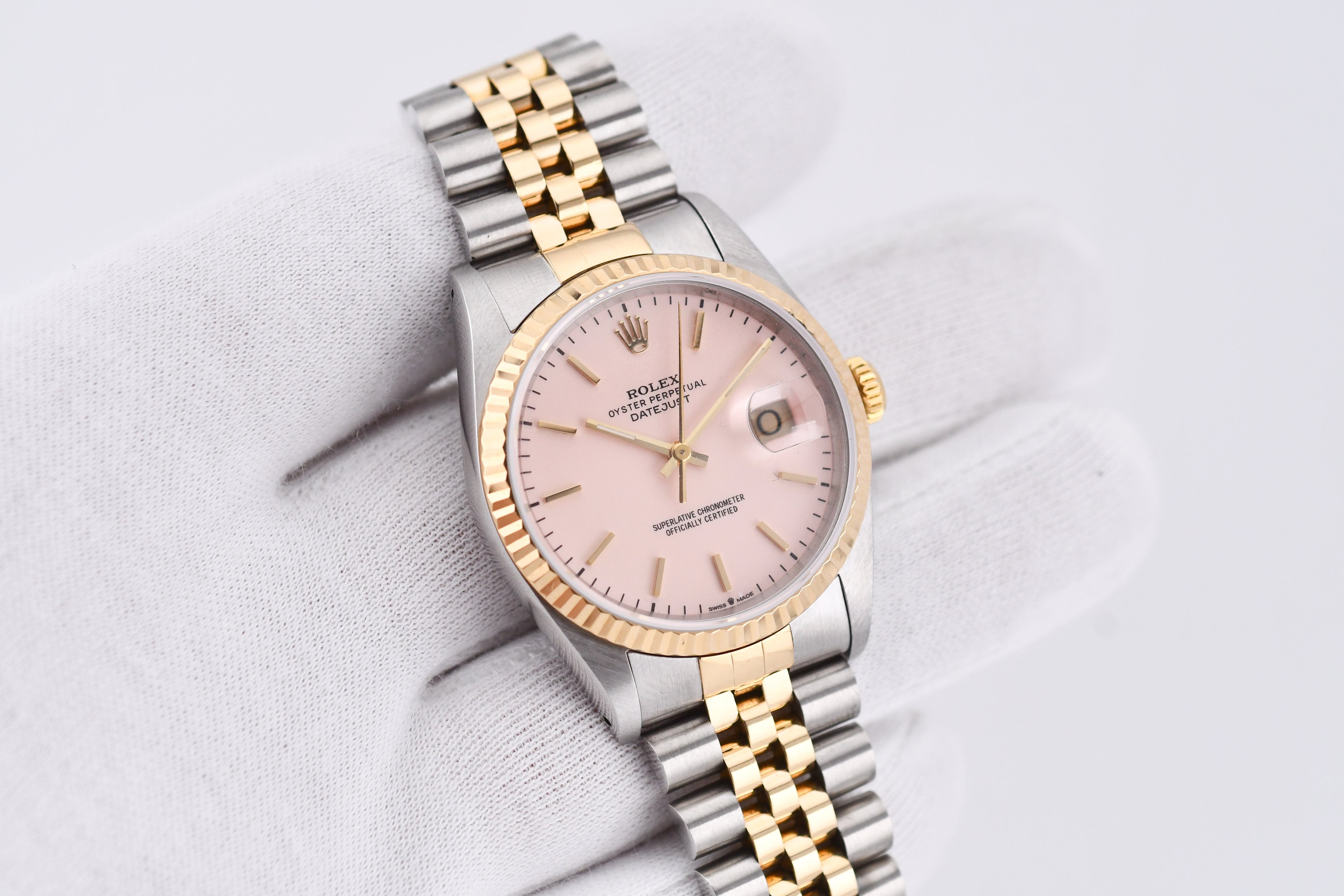 Rolex Datejust 36mm Ref 16233 Yellow Gold Bezel Pink Thin Stick Dial