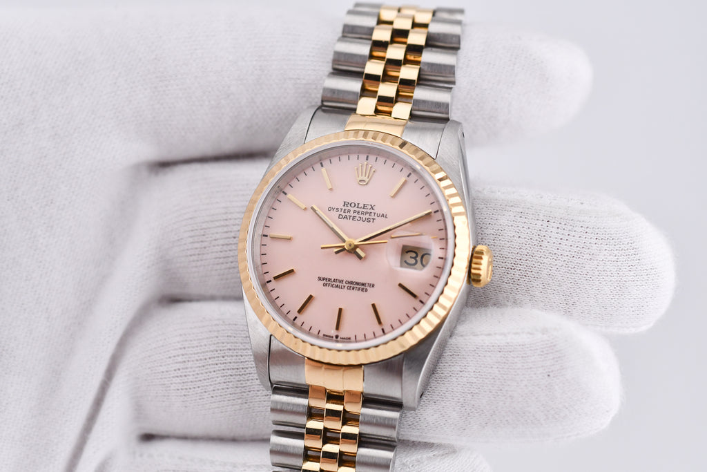 Rolex Datejust 36mm Ref 16233 Yellow Gold Bezel Pink Thin Stick Dial