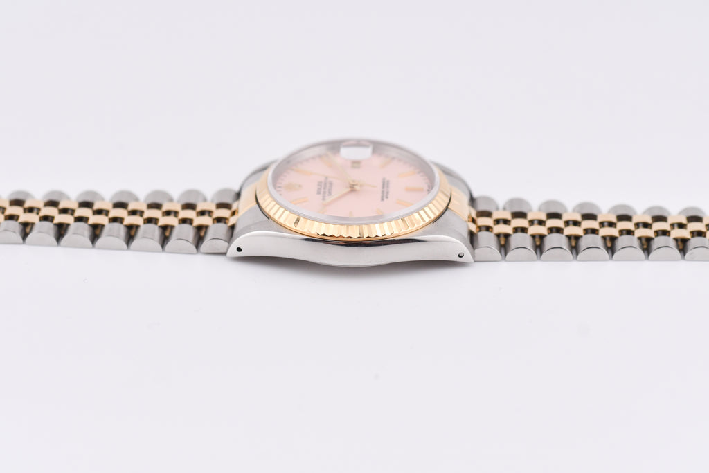 Rolex Datejust 36mm Ref 16233 Yellow Gold Bezel Pink Thin Stick Dial