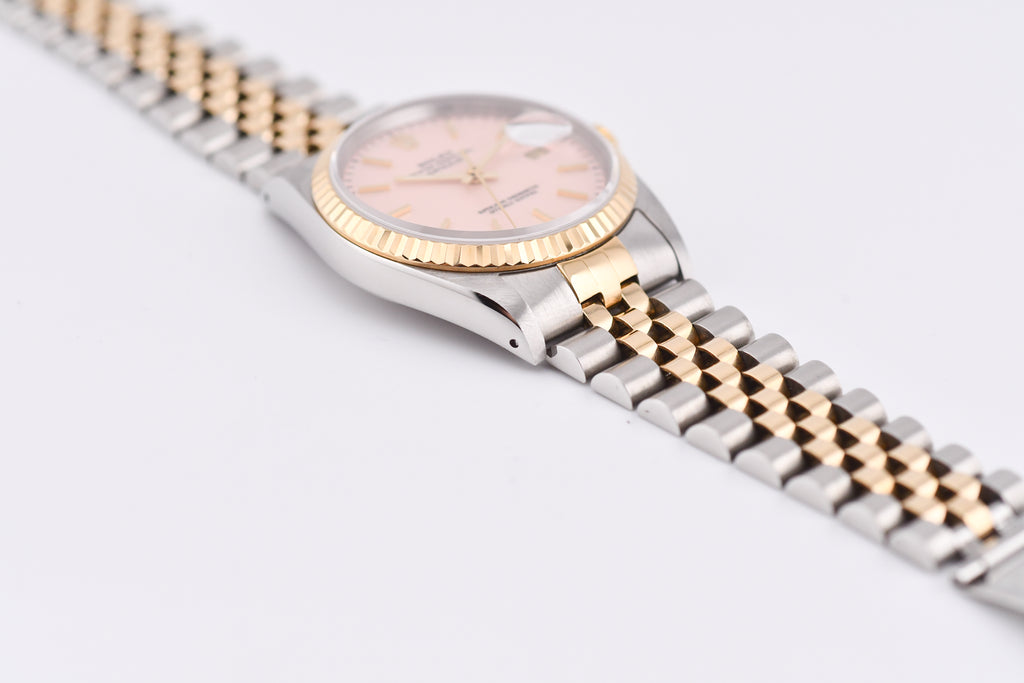Rolex Datejust 36mm Ref 16233 Yellow Gold Bezel Pink Thin Stick Dial