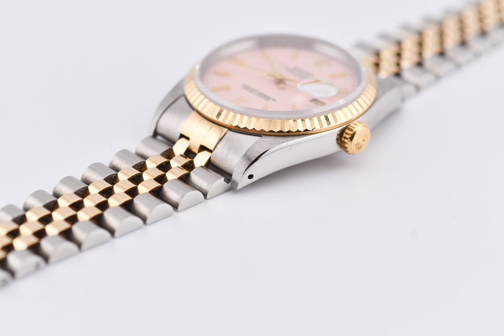 Rolex Datejust 36mm Ref 16233 Yellow Gold Bezel Pink Thin Stick Dial