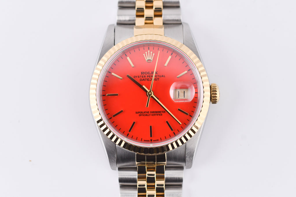 Rolex Datejust 36mm Ref 16233 Yellow Gold Bezel Red Stick Dial
