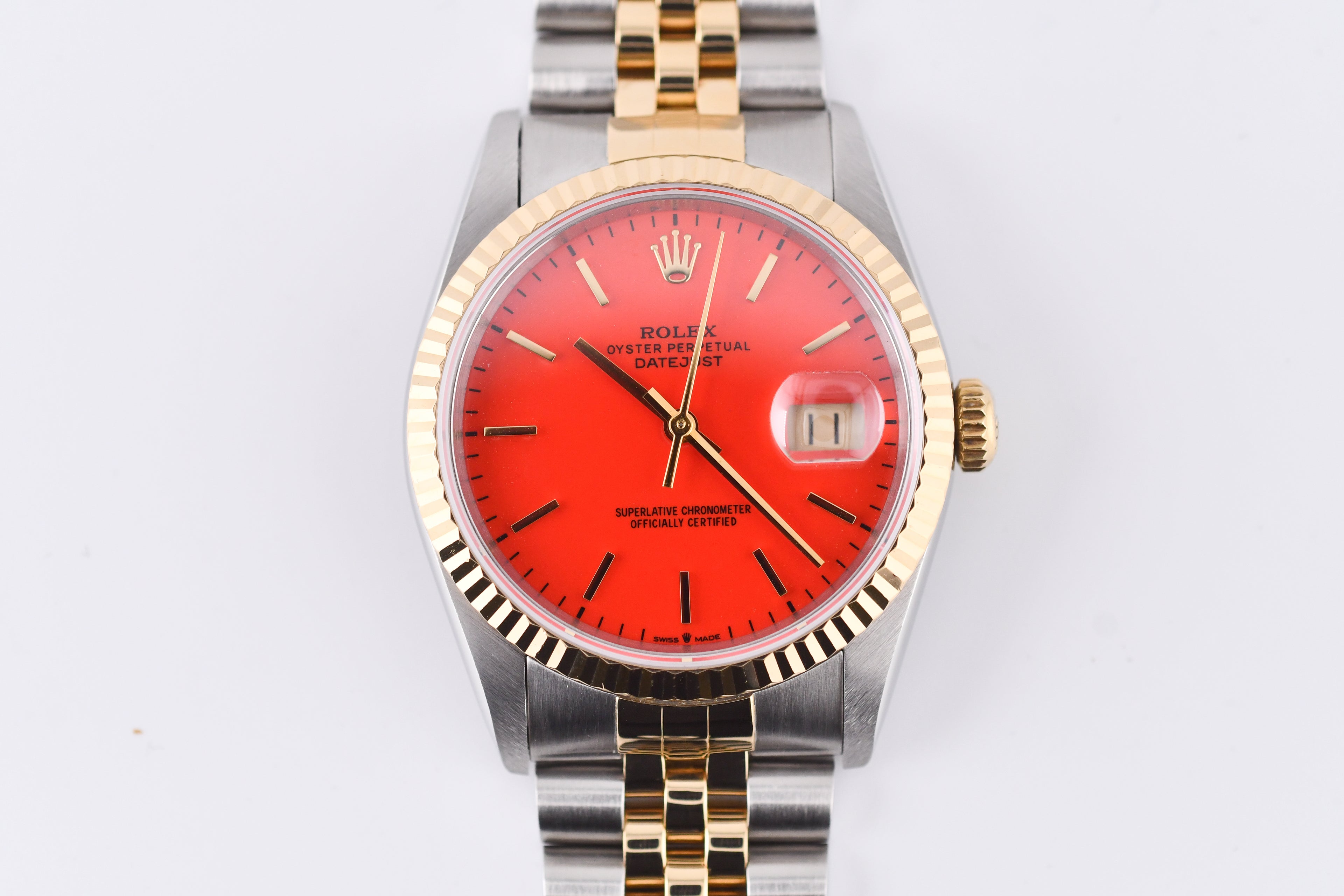 Rolex Datejust 36mm Ref 16233 Yellow Gold Bezel Red Stick Dial