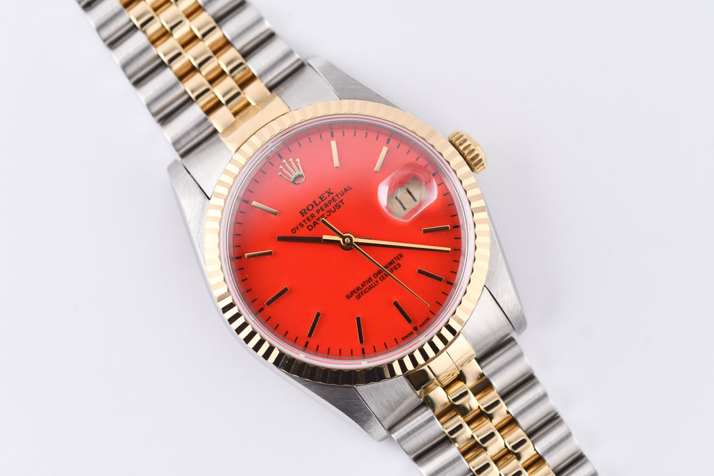 Rolex Datejust 36mm Ref 16233 Yellow Gold Bezel Red Stick Dial