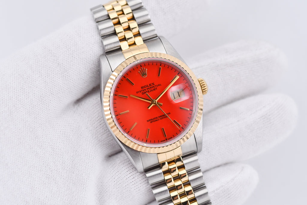 Rolex Datejust 36mm Ref 16233 Yellow Gold Bezel Red Stick Dial