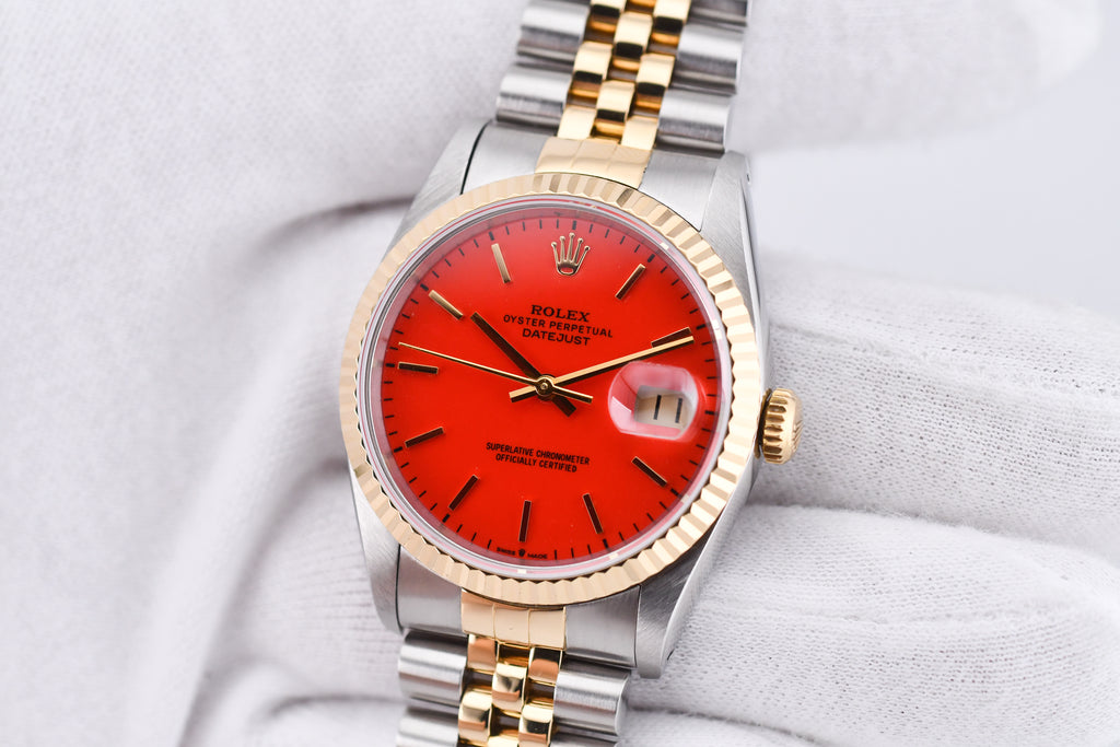 Rolex Datejust 36mm Ref 16233 Yellow Gold Bezel Red Stick Dial