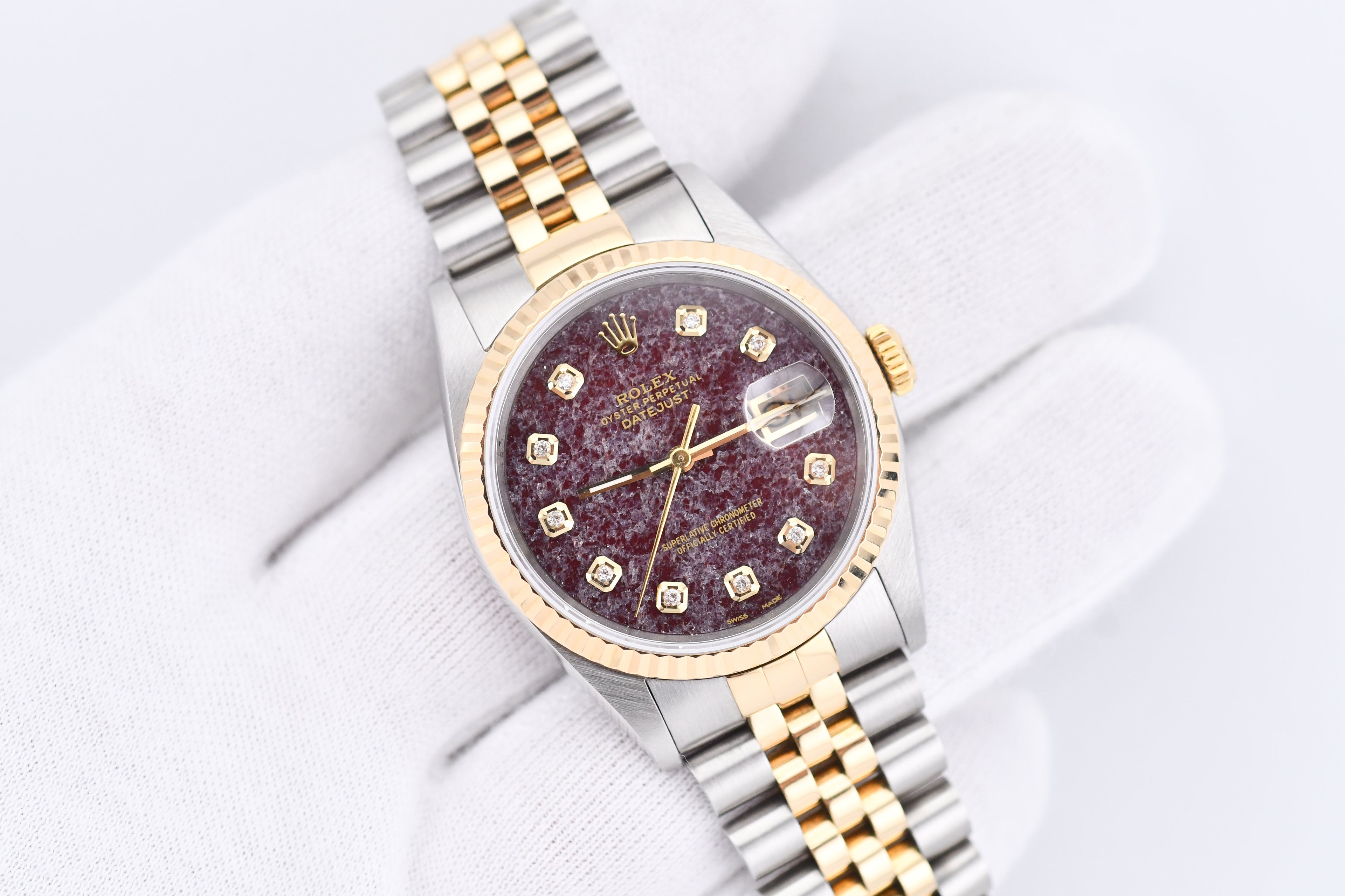 Rolex Datejust 36mm Ref 16233 Yellow Gold Bezel Rubellite Diamond Dial