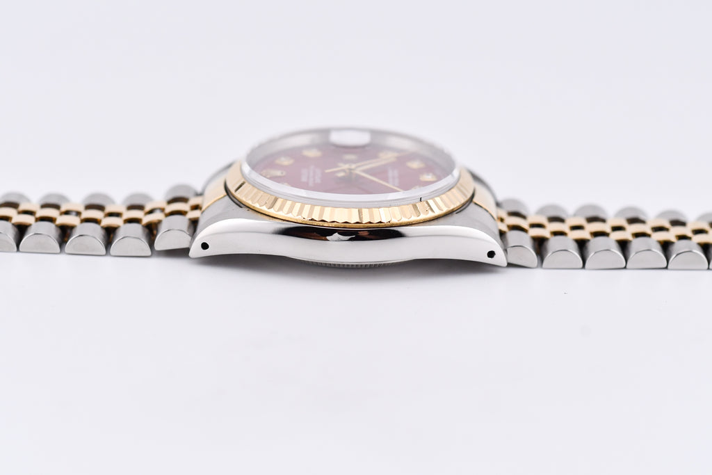 Rolex Datejust 36mm Ref 16233 Yellow Gold Bezel Sunburst Red Diamond Dial