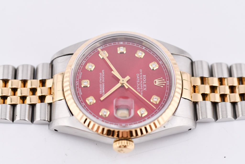Rolex Datejust 36mm Ref 16233 Yellow Gold Bezel Sunburst Red Diamond Dial