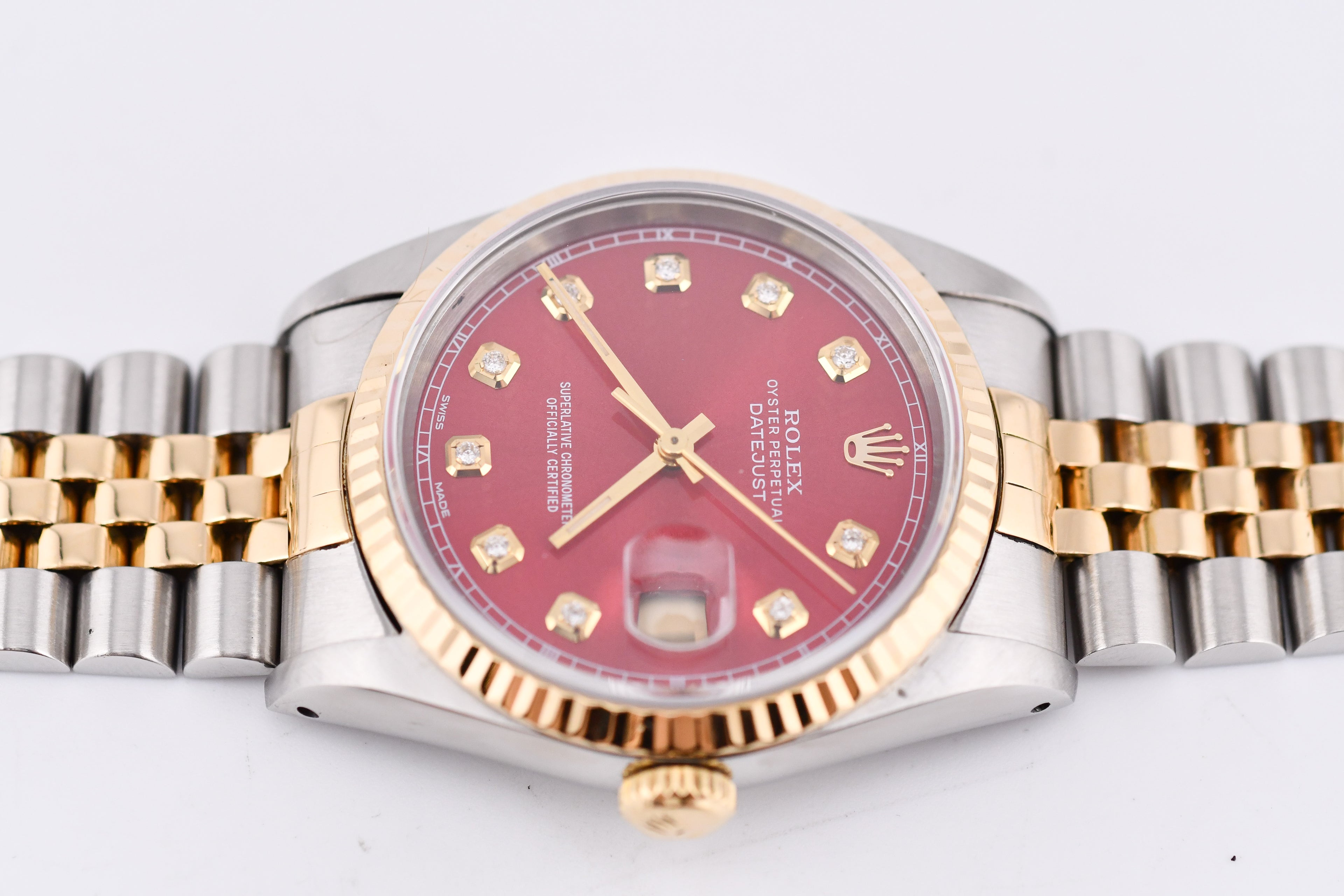 Rolex Datejust 36mm Ref 16233 Yellow Gold Bezel Sunburst Red Diamond Dial