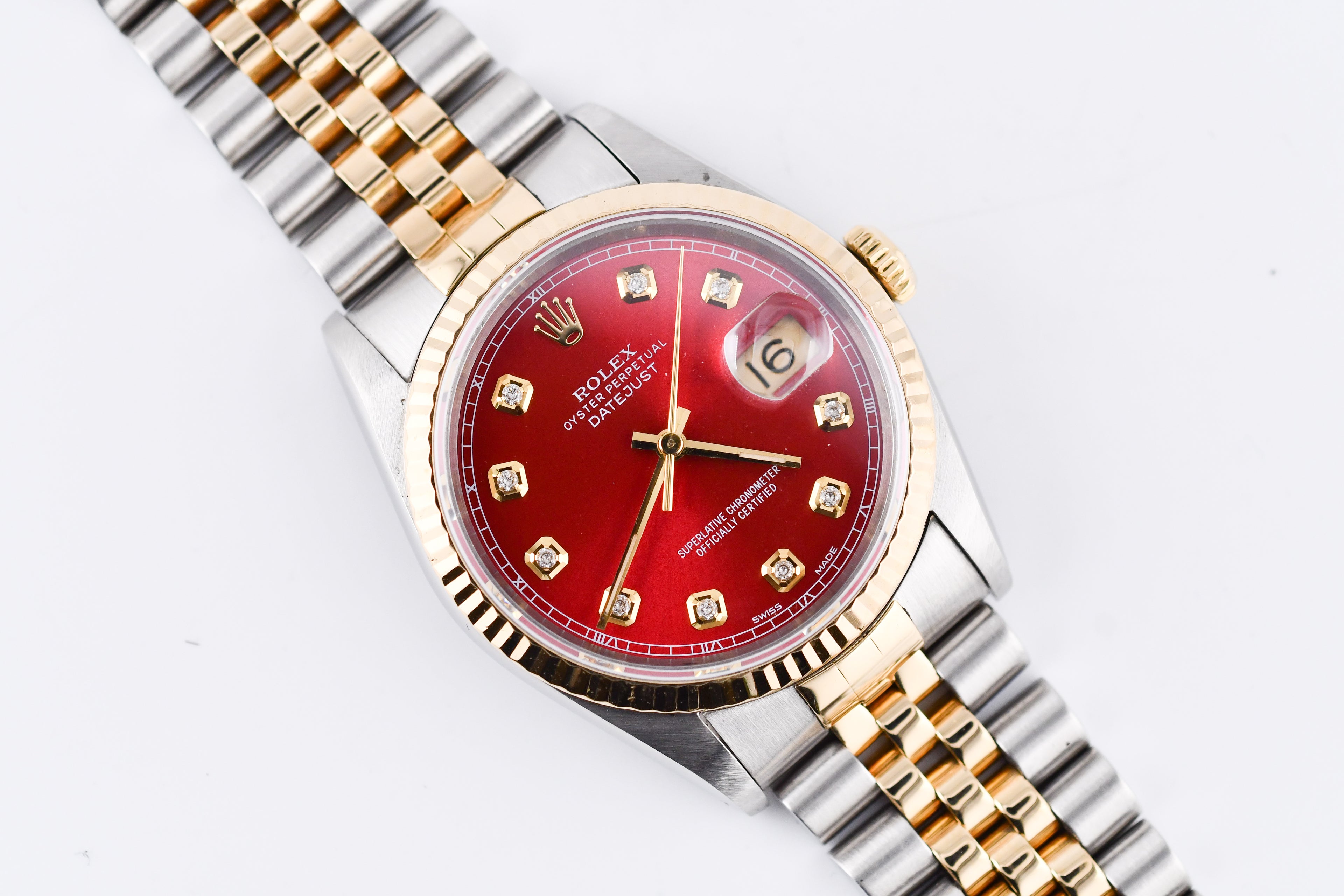 Rolex Datejust 36mm Ref 16233 Yellow Gold Bezel Sunburst Red Diamond Dial