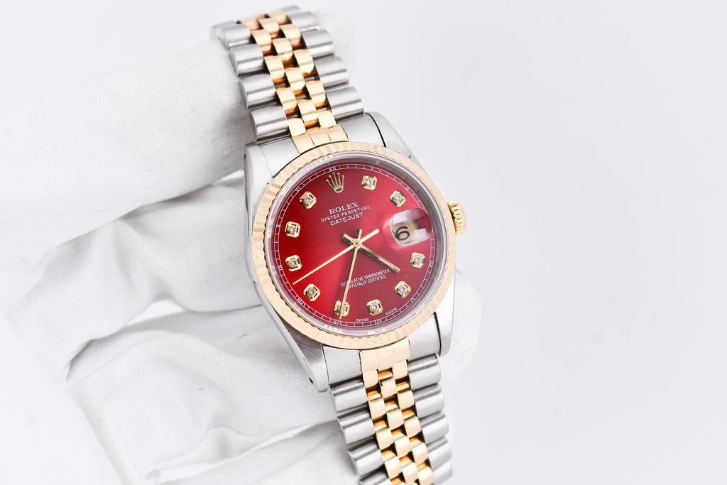 Rolex Datejust 36mm Ref 16233 Yellow Gold Bezel Sunburst Red Diamond Dial