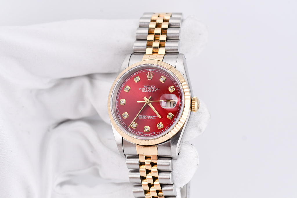 Rolex Datejust 36mm Ref 16233 Yellow Gold Bezel Sunburst Red Diamond Dial